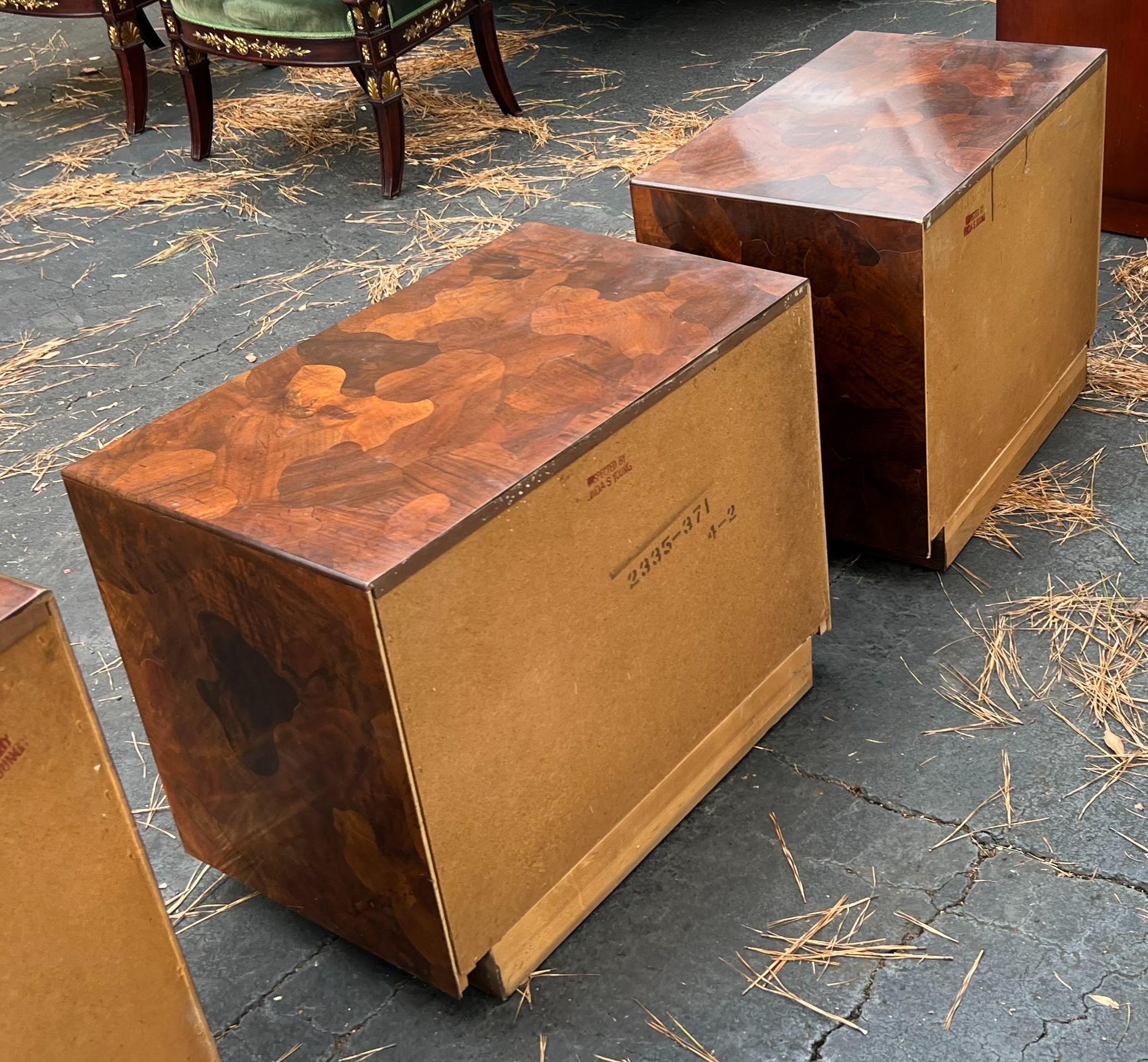 Late 20th Century American of Martinsville Modern Campaign Style Burlwood Side Tables /Chests, 2
