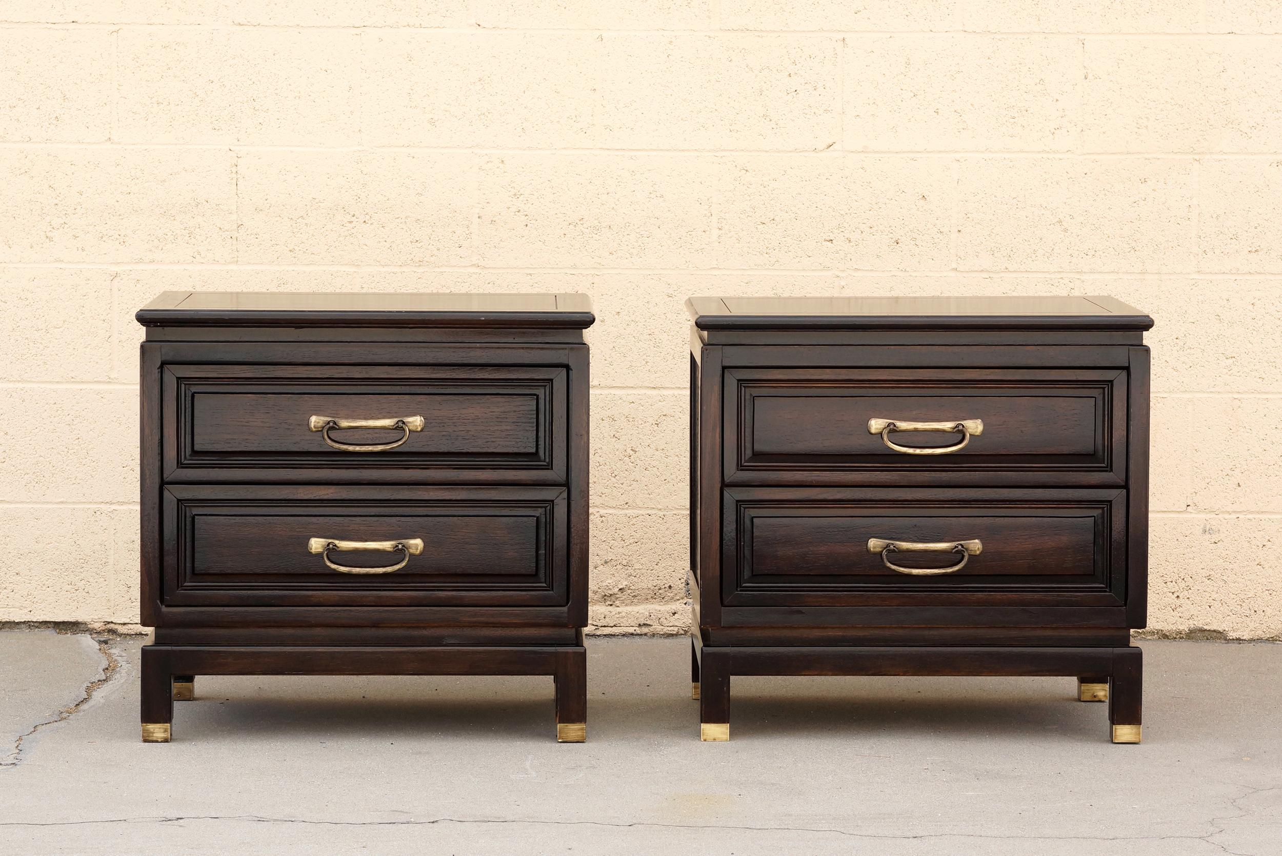Wonderful pair of 1960s nightstands by American of Martinsville. Refinished rosewood with rich ebony patina. Antique brass hardware, polished to a shine. Take these beauties home tonight! 

Dimensions: 26