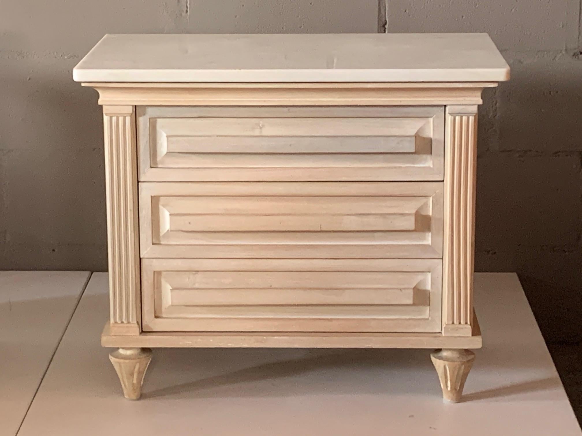 Hollywood Regency American of Martinsville Nightstands in White Wash Finish and Marble Tops