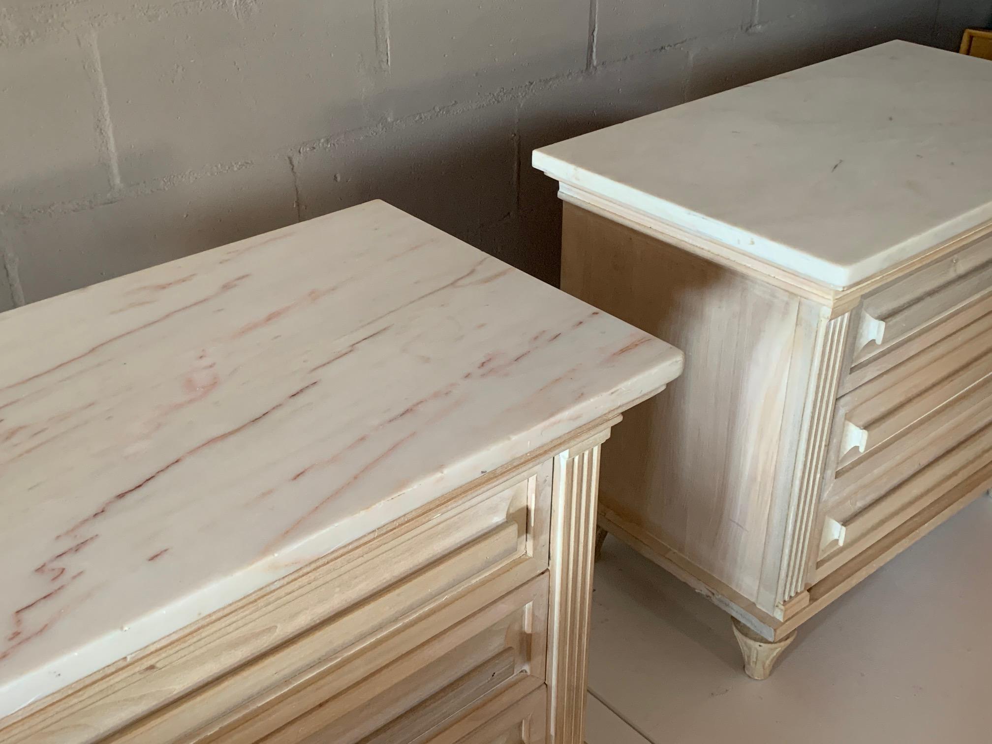 Mid-20th Century American of Martinsville Nightstands in White Wash Finish and Marble Tops