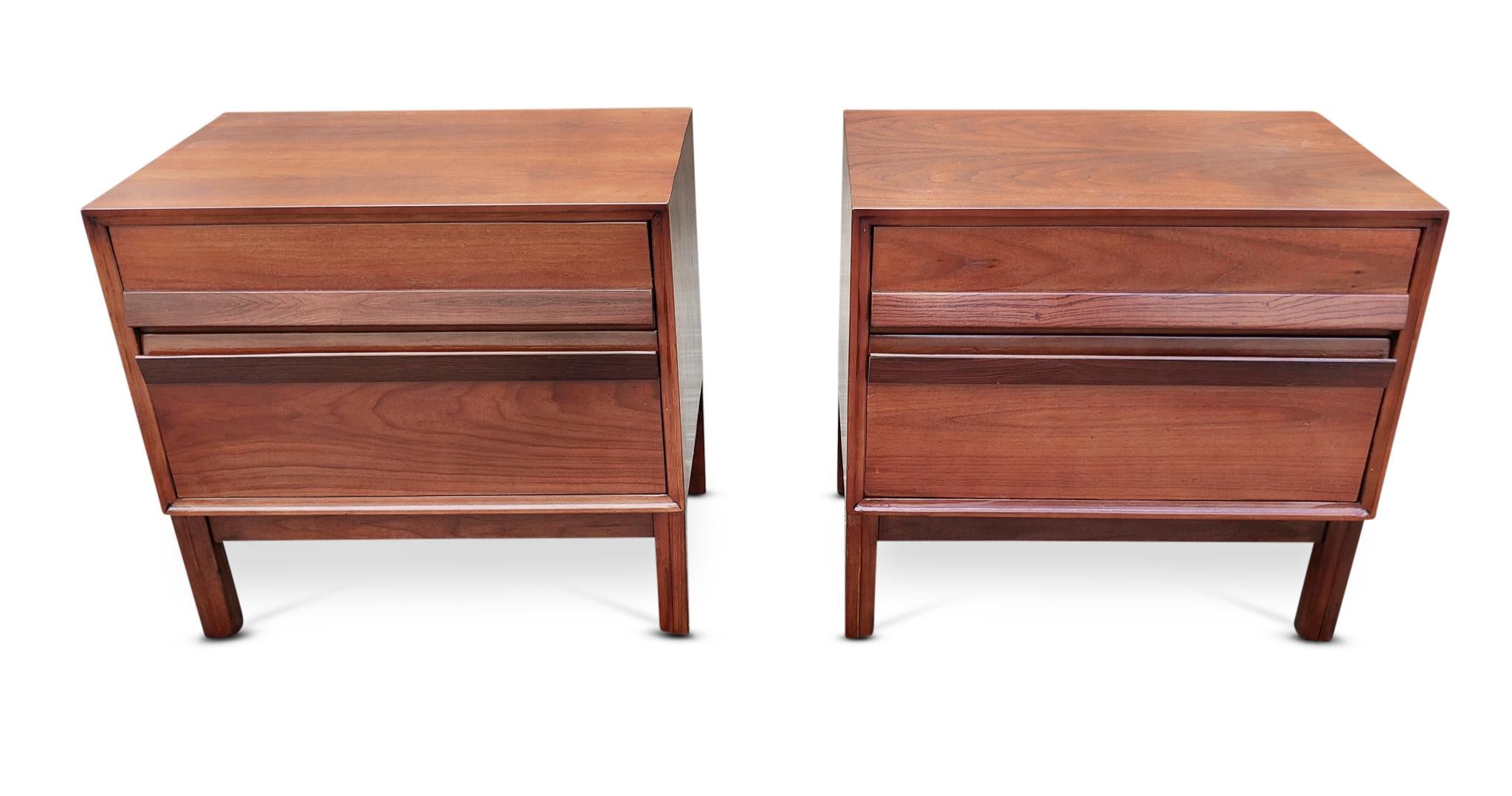 Pair of super elegant, professionally & fully restored, walnut cases & rosewood handles, 2-drawer nightstands or end-tables. All drawers work well and have clean interiors. This is a rarely seen model, and now they're in superb ready to go