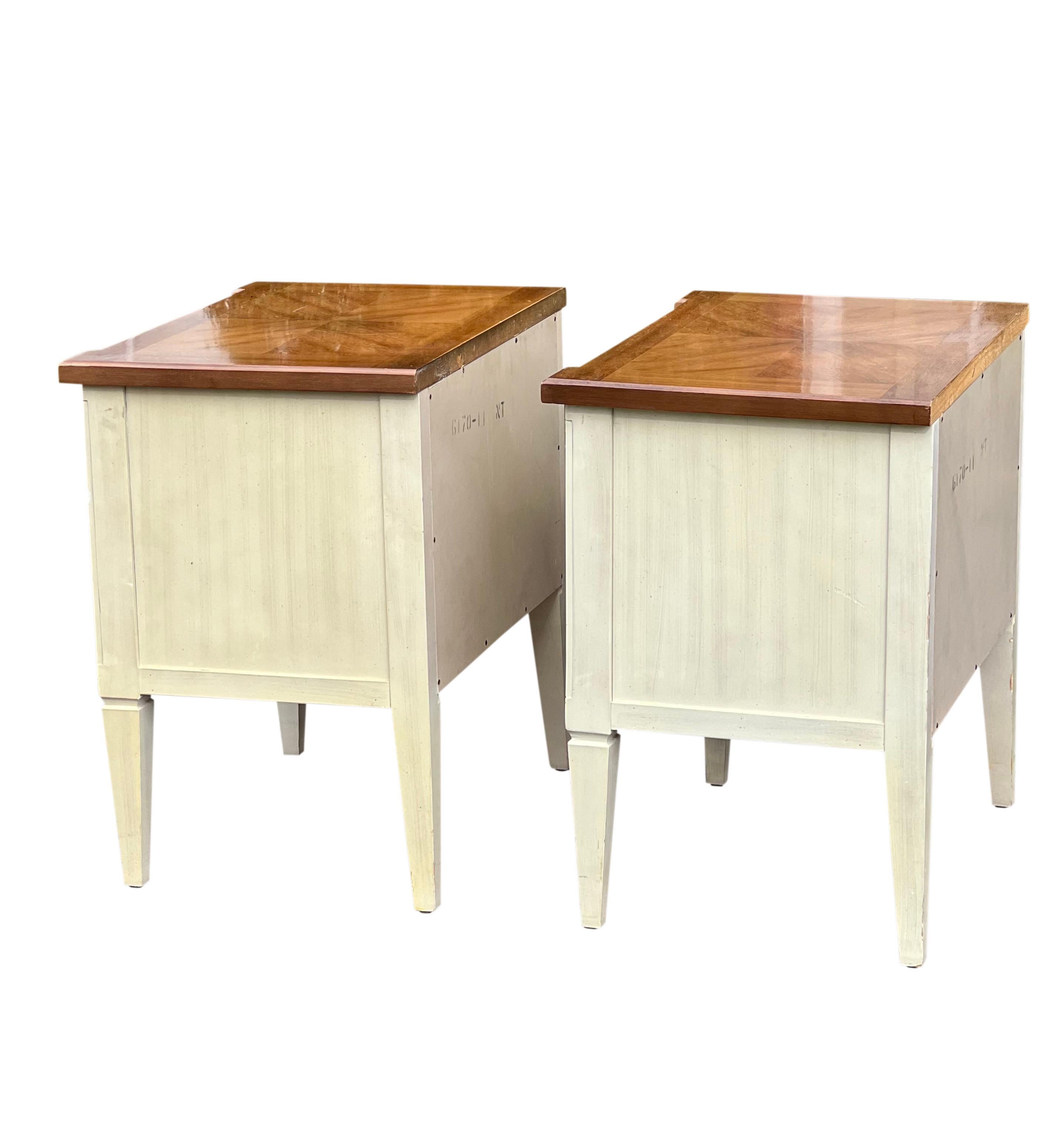 North American American of Martinsville Parquet Top White Nightstands, a Pair For Sale