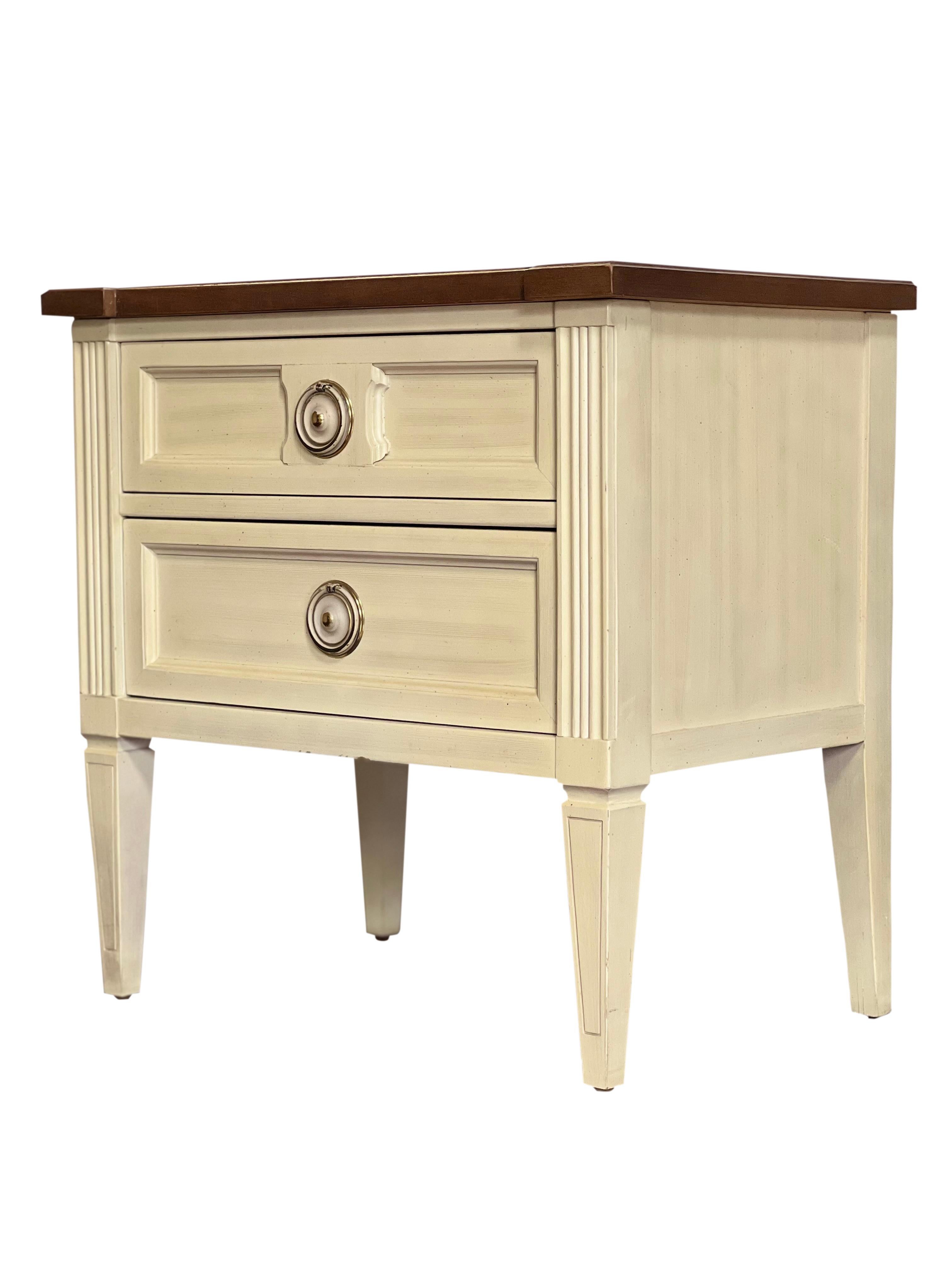 20th Century American of Martinsville Parquet Top White Nightstands, a Pair For Sale