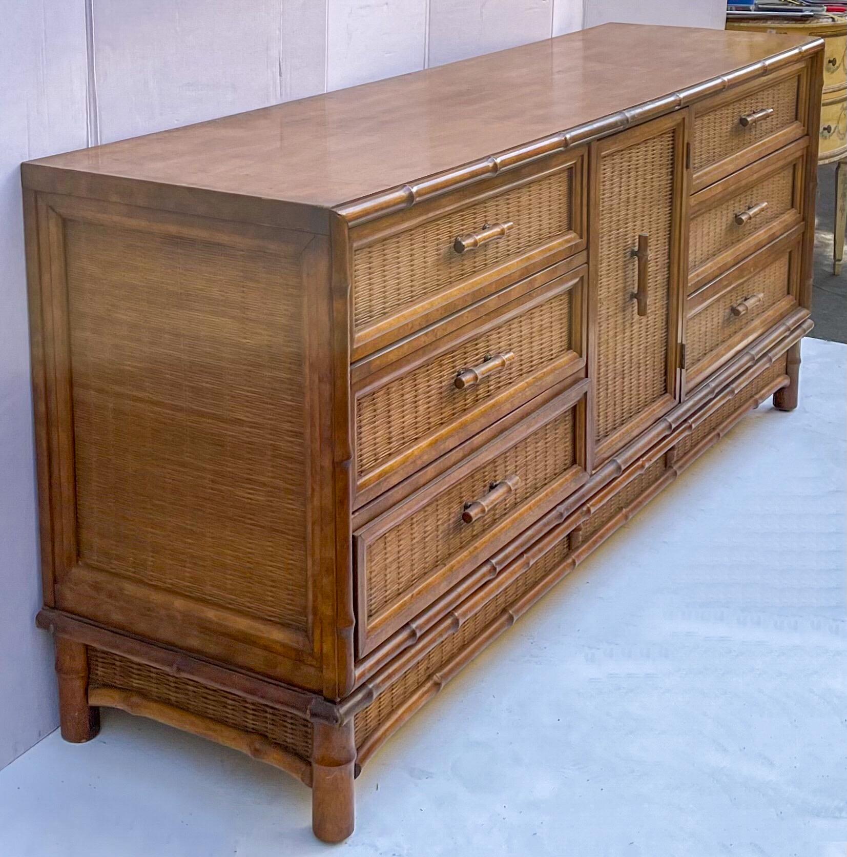Aesthetic Movement American of Martinsville Regency Style Faux Bamboo and Wicker Credenza / Chest