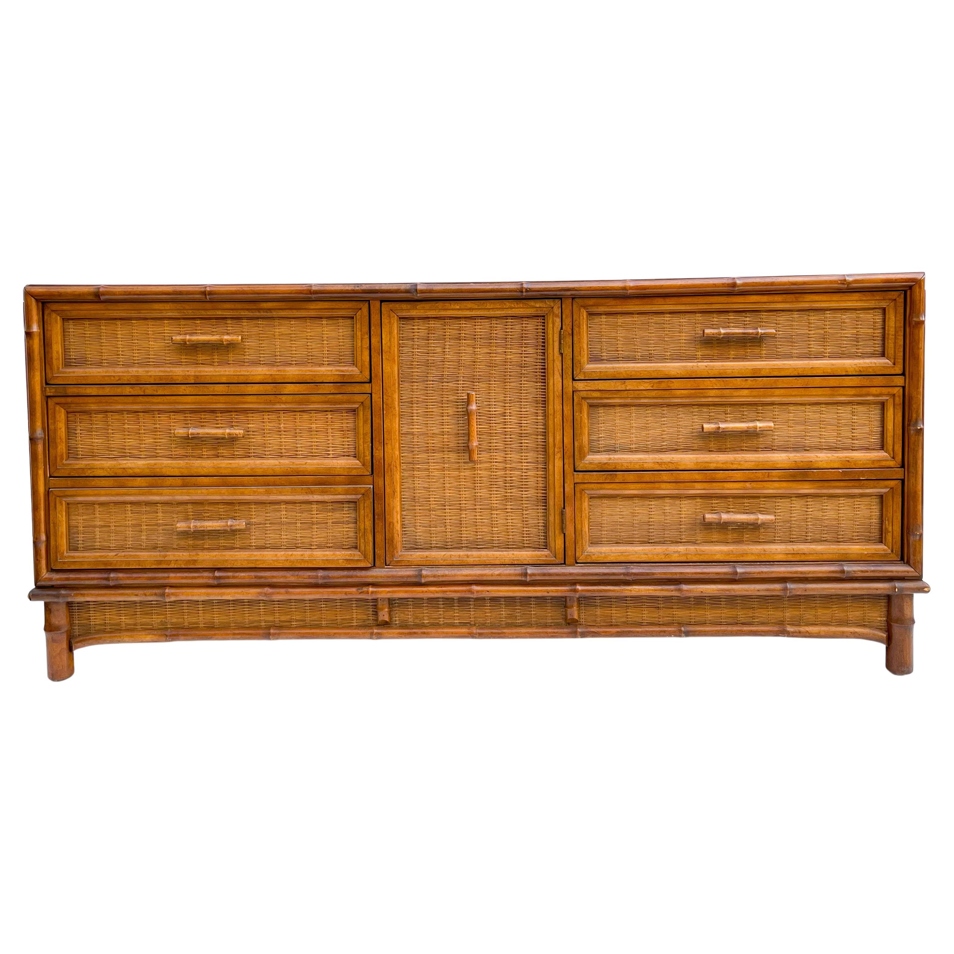 American of Martinsville Regency Style Faux Bamboo and Wicker Credenza / Chest
