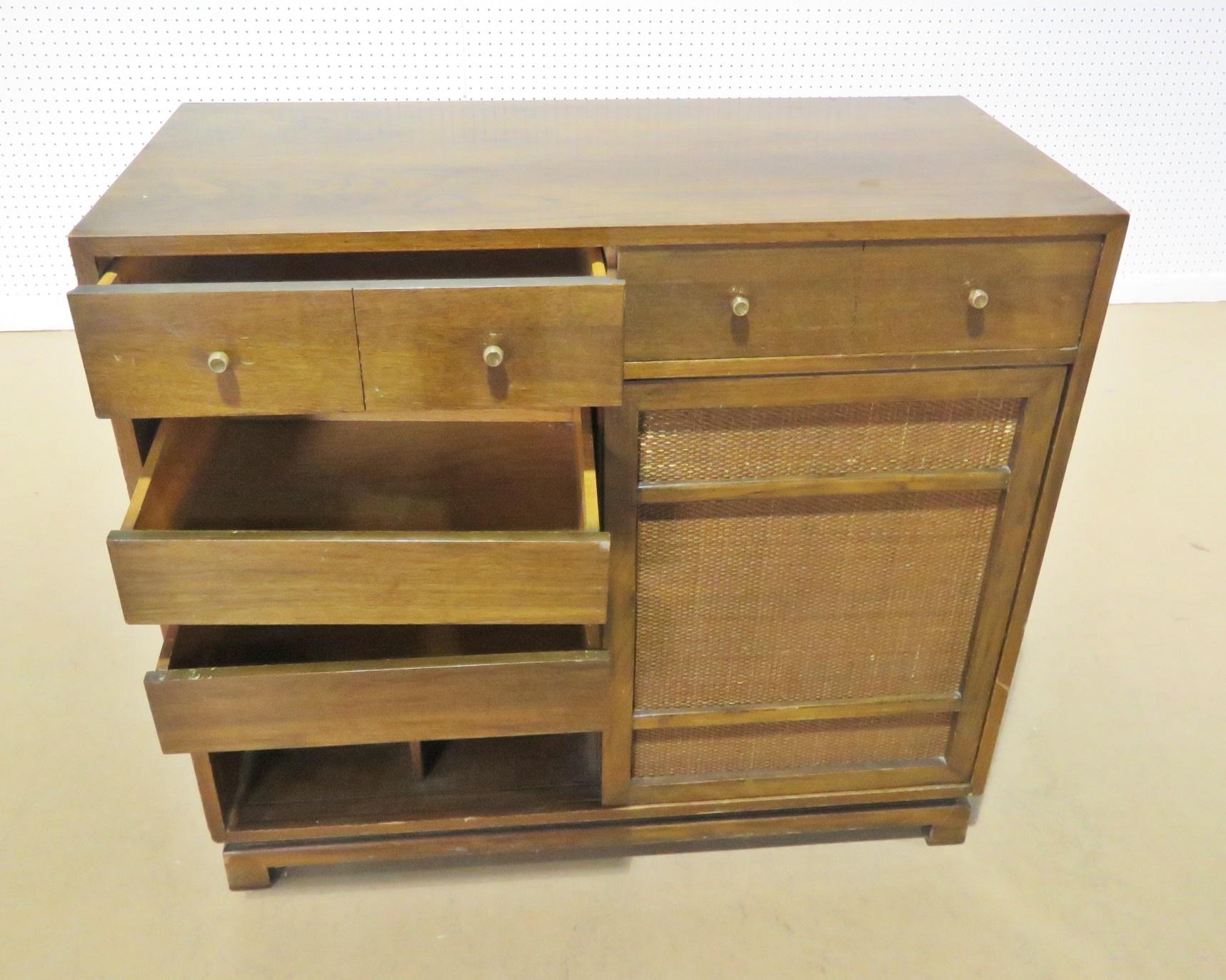 American of Martinsville server with 2 drawers over 2 rattan doors containing 2 shelves.
