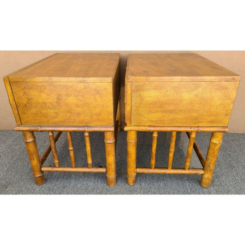 Pair of American of Martinsville Side End Tables Night Stands Wicker Faux Bamboo
With lower glass shelves which are included.

Approximate Measurements in Inches
24