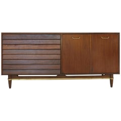 American of Martinsville Walnut and Brass Credenza Cabinet with Louvered Drawers