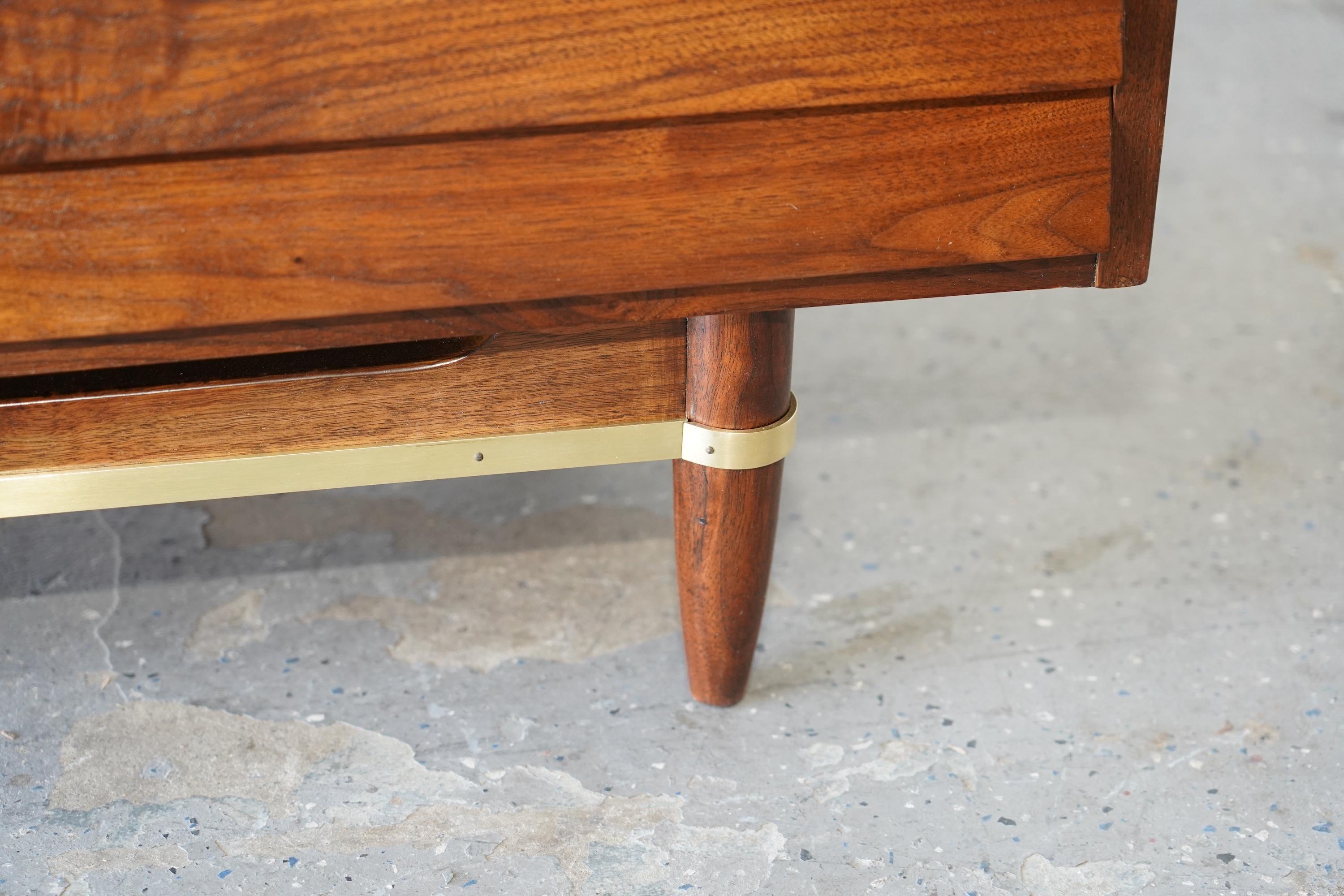 Brass American of Martinsville Walnut Mid Century Modern Long Dresser