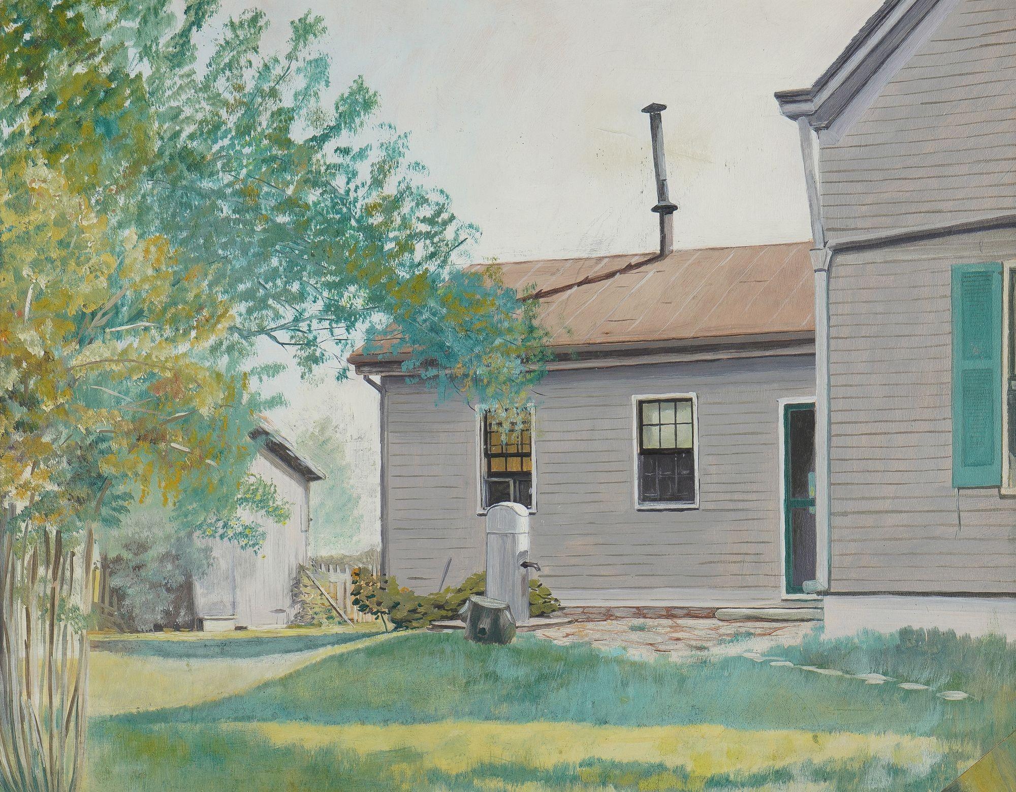 Midwestern oil on academy board summertime study of a clapboard house. The composition centers on a well pump in the yard, and a large tree branch arches in from the left side of the frame, reaching towards the house. We are given a truncated view