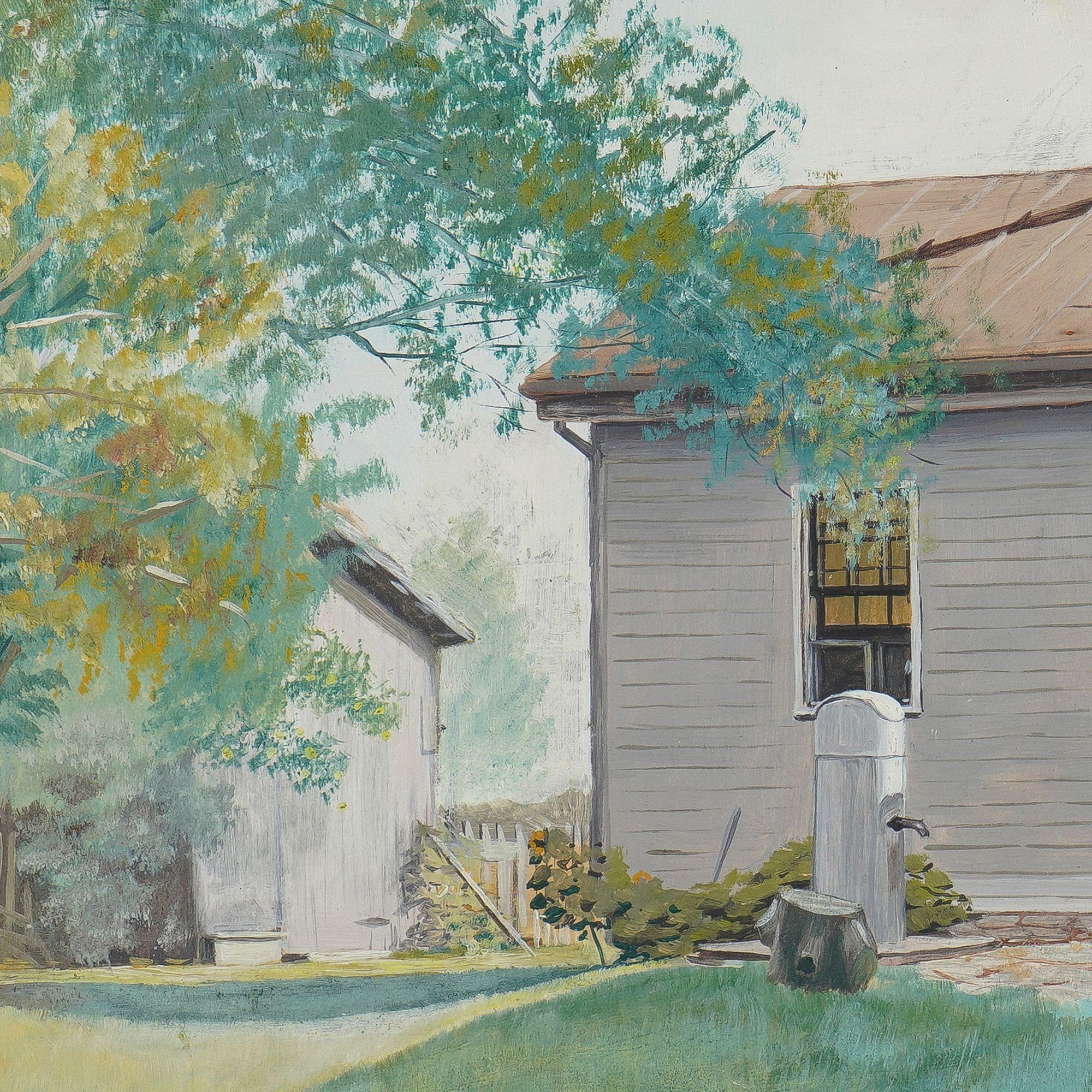 American oil on academy board summertime study of a clapboard house, c. 1935 In Good Condition For Sale In Kenilworth, IL