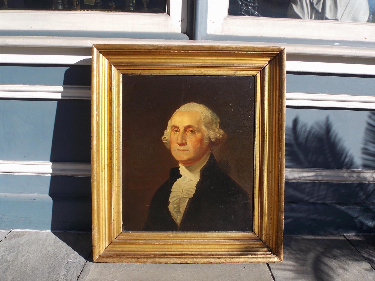 American portrait of George Washington oil on board in the original gilt carved wood molded frame. Late 19th century.