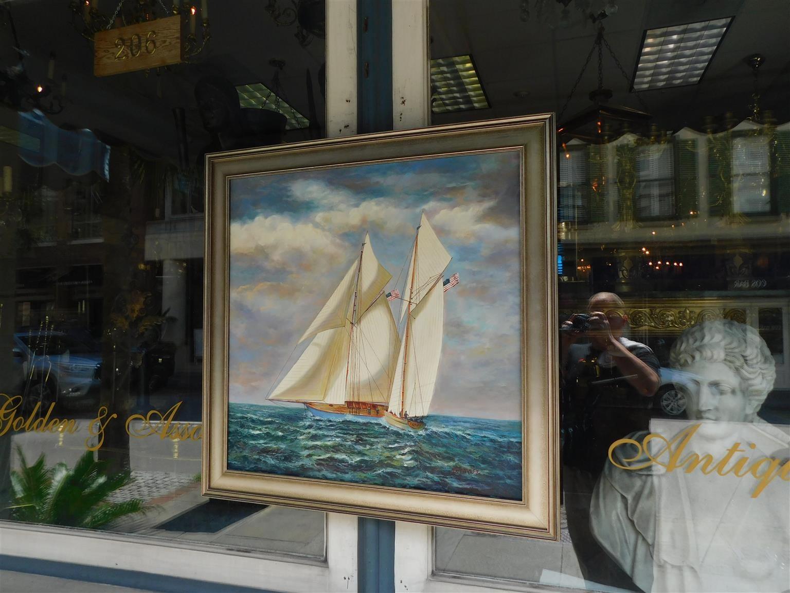 American Classical American Oil on Canvas of Single Masted Schooner Yacht under Full Sail 20th Cent For Sale