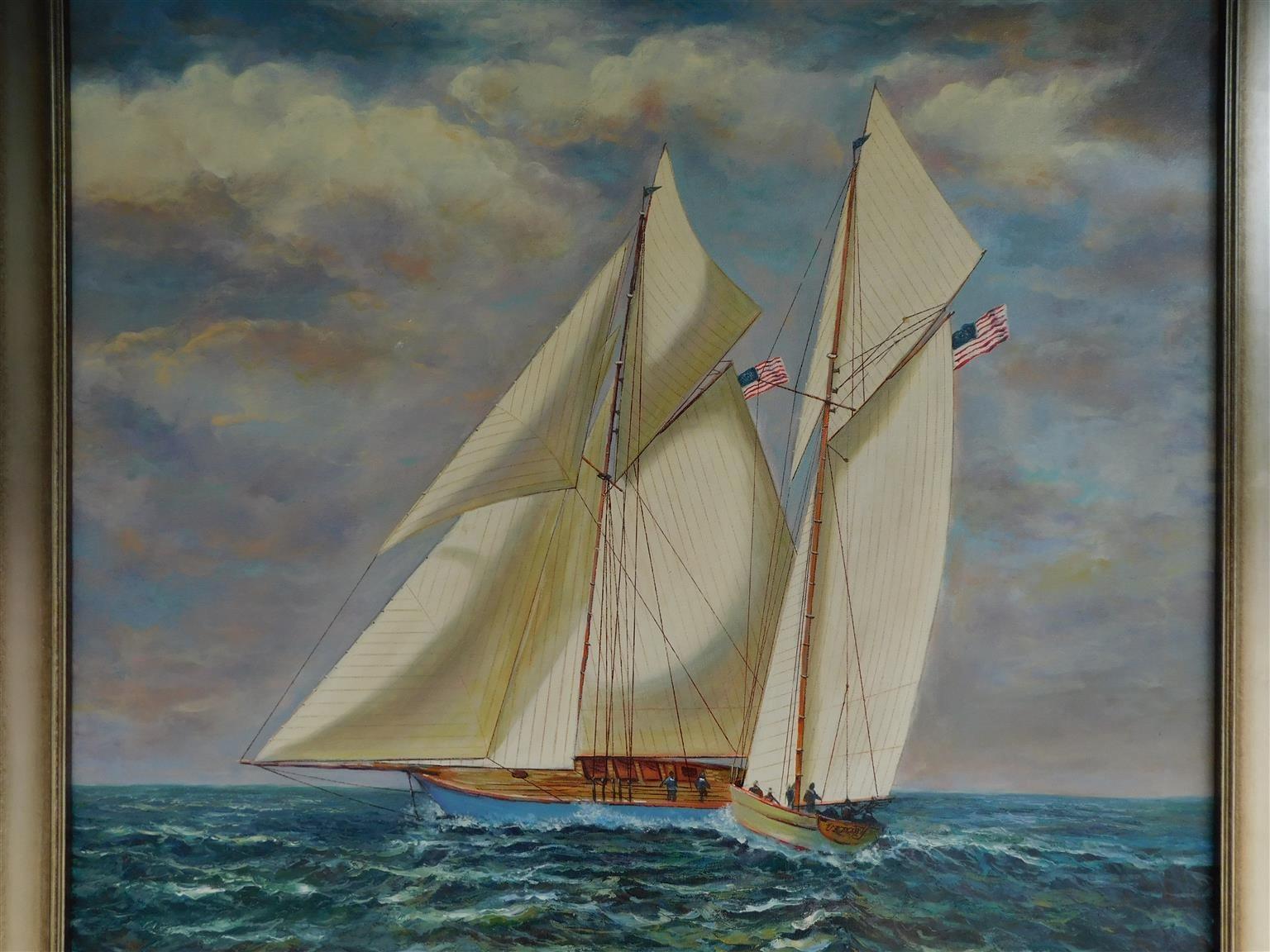 Oiled American Oil on Canvas of Single Masted Schooner Yacht under Full Sail 20th Cent For Sale