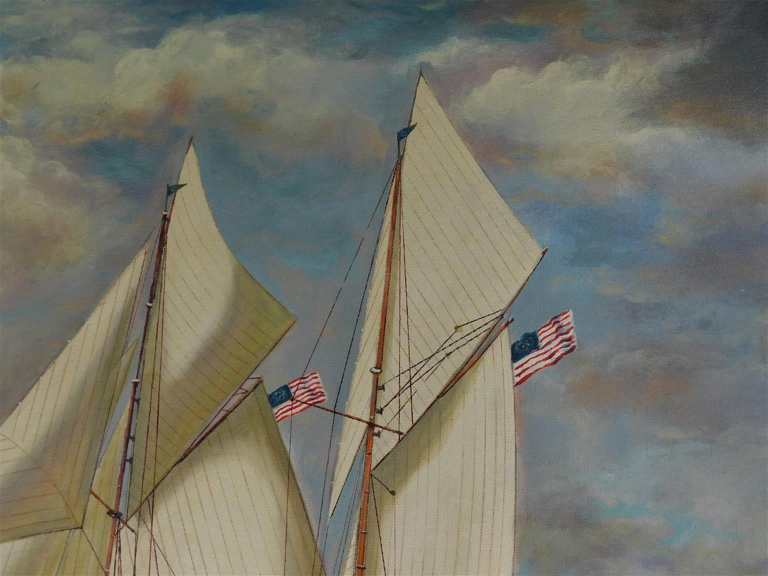 American Oil on Canvas of Single Masted Schooner Yacht under Full Sail 20th Cent In Excellent Condition For Sale In Hollywood, SC