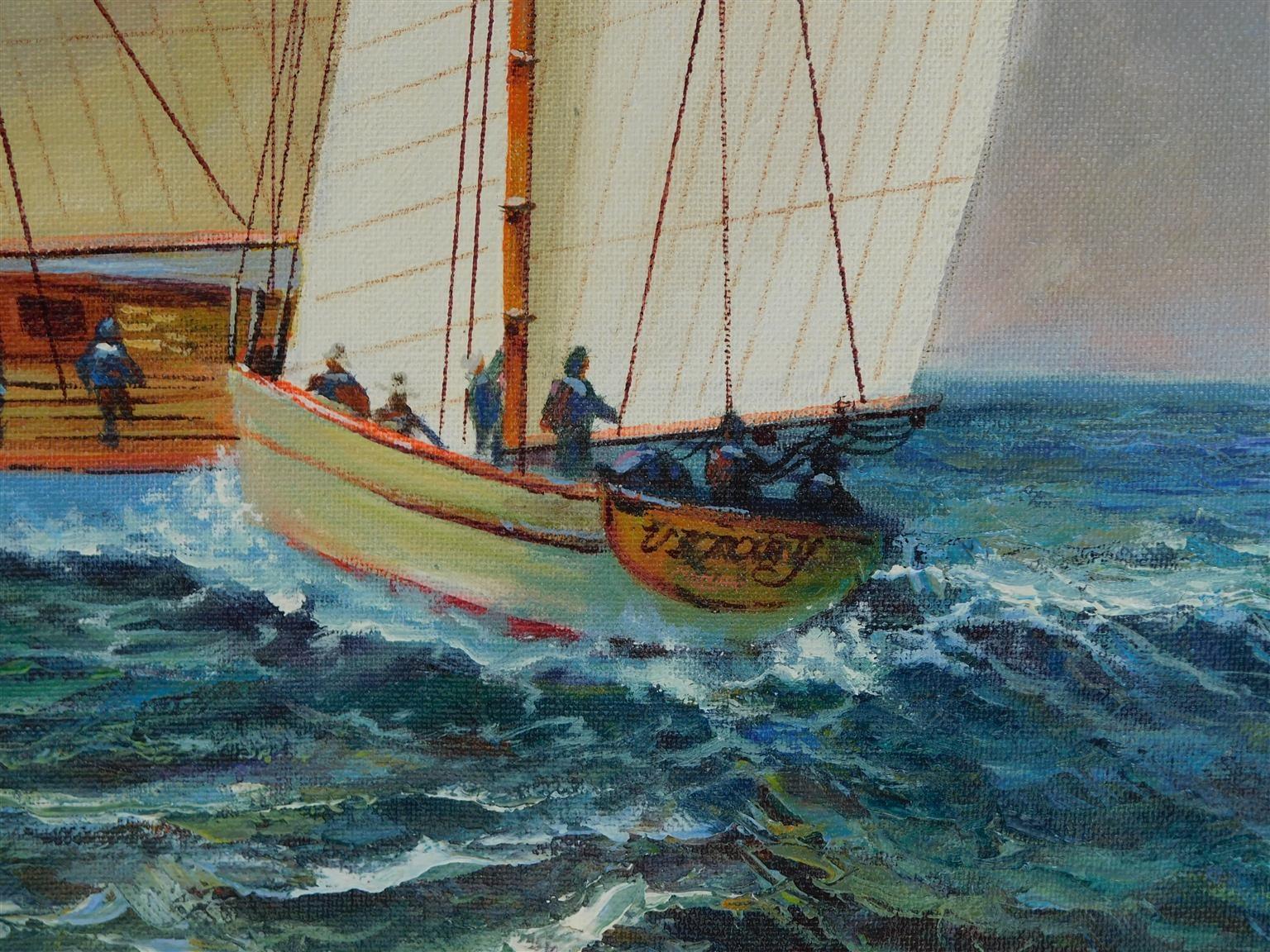 20th Century American Oil on Canvas of Single Masted Schooner Yacht under Full Sail 20th Cent For Sale