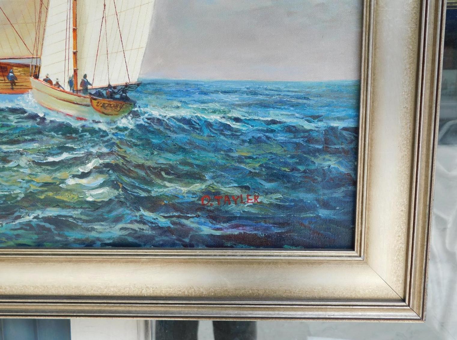 Silver Leaf American Oil on Canvas of Single Masted Schooner Yacht under Full Sail 20th Cent For Sale