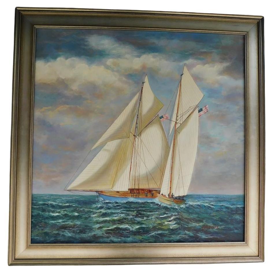 American Oil on Canvas of Single Masted Schooner Yacht under Full Sail 20th Cent For Sale