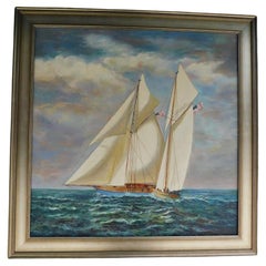 Antique American Oil on Canvas of Single Masted Schooner Yacht under Full Sail 20th Cent