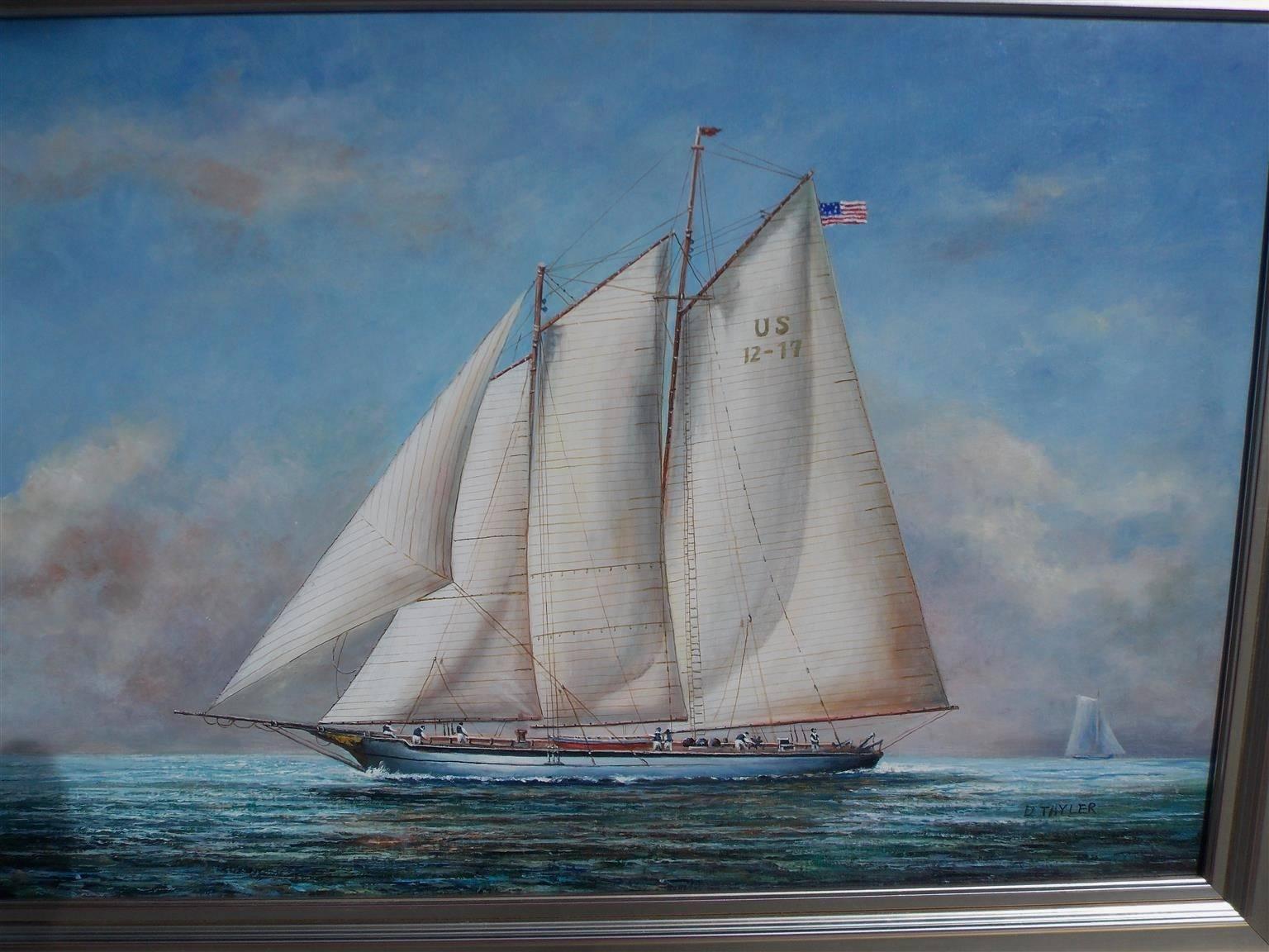 American Classical American Oil on Canvas of Two Masted Schooner Yacht Under Full Sail 20th Century