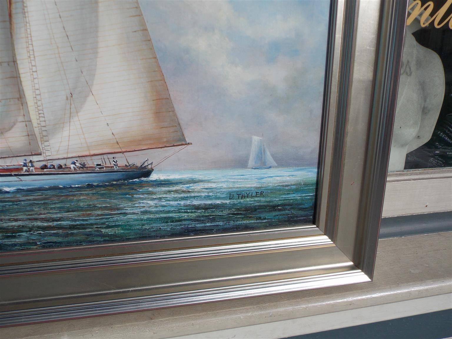Hand-Crafted American Oil on Canvas of Two Masted Schooner Yacht Under Full Sail 20th Century