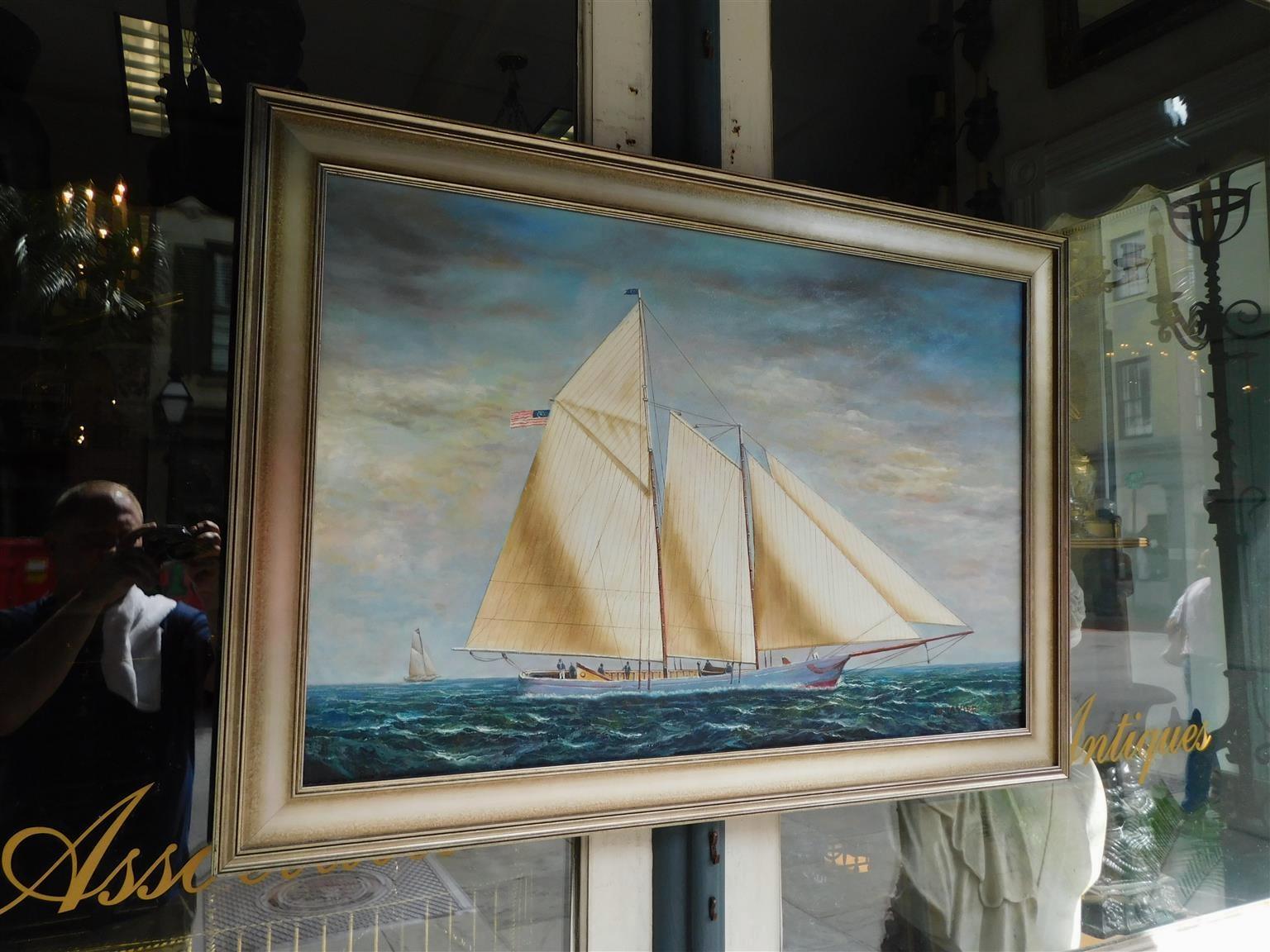 Classique américain Huile sur toile américaine du 20ème siècle représentant un yacht Schooner à deux mâts et à voile entière en vente