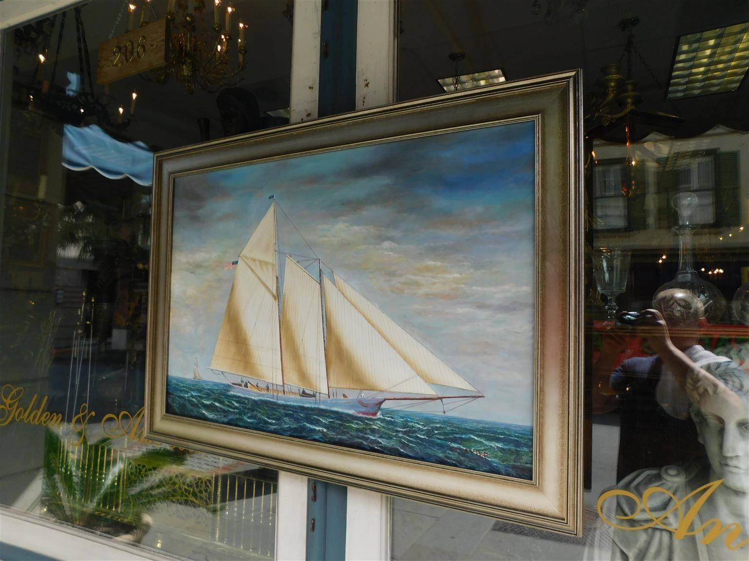 Américain Huile sur toile américaine du 20ème siècle représentant un yacht Schooner à deux mâts et à voile entière en vente
