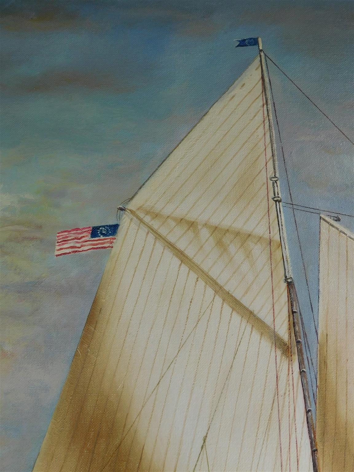 Argenté Huile sur toile américaine du 20ème siècle représentant un yacht Schooner à deux mâts et à voile entière en vente