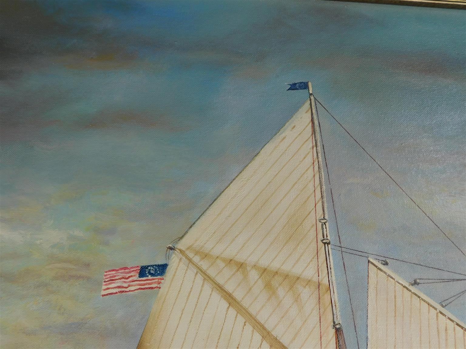 Huile sur toile américaine du 20ème siècle représentant un yacht Schooner à deux mâts et à voile entière Excellent état - En vente à Hollywood, SC