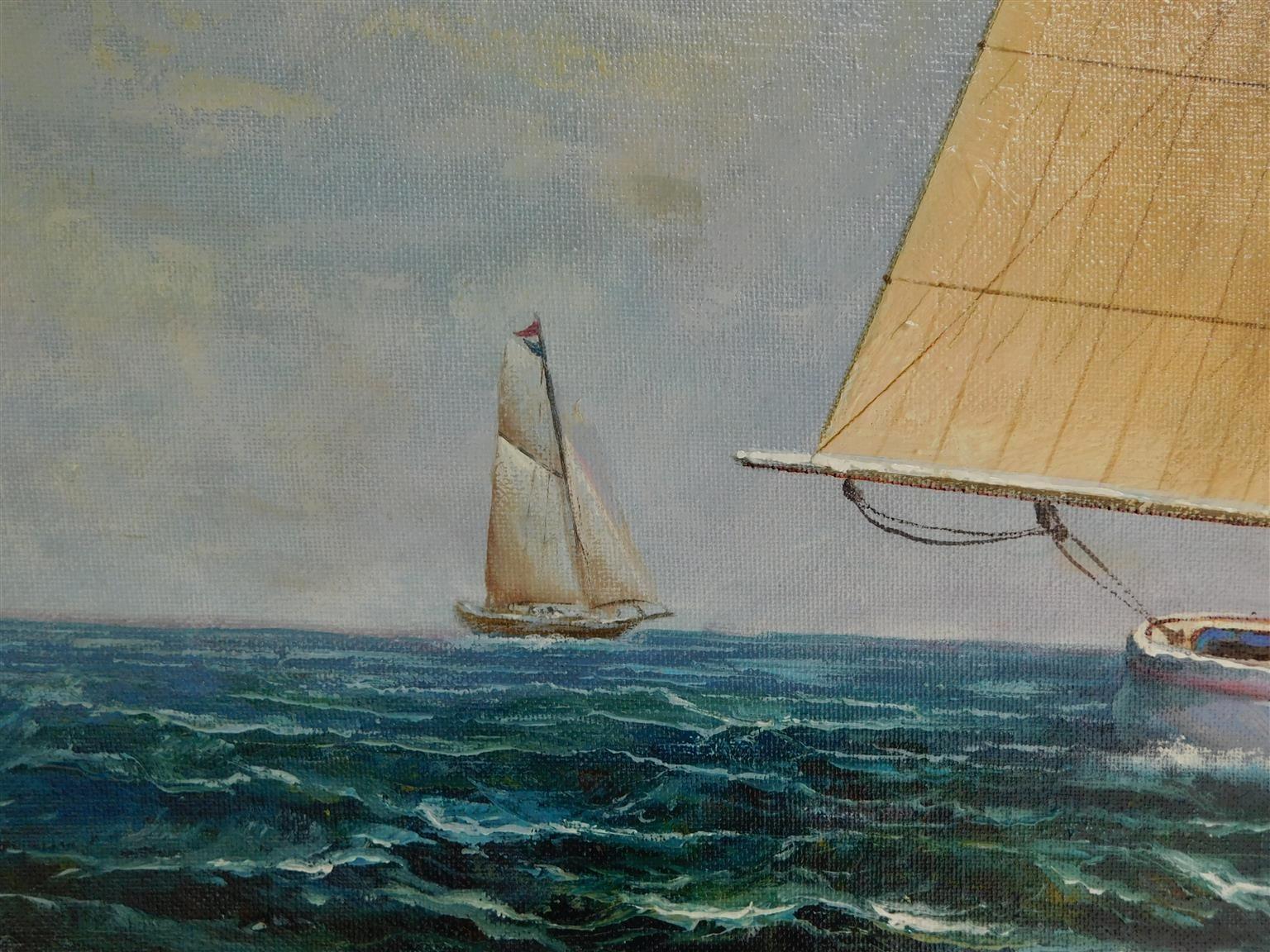 Début du 20ème siècle Huile sur toile américaine du 20ème siècle représentant un yacht Schooner à deux mâts et à voile entière en vente