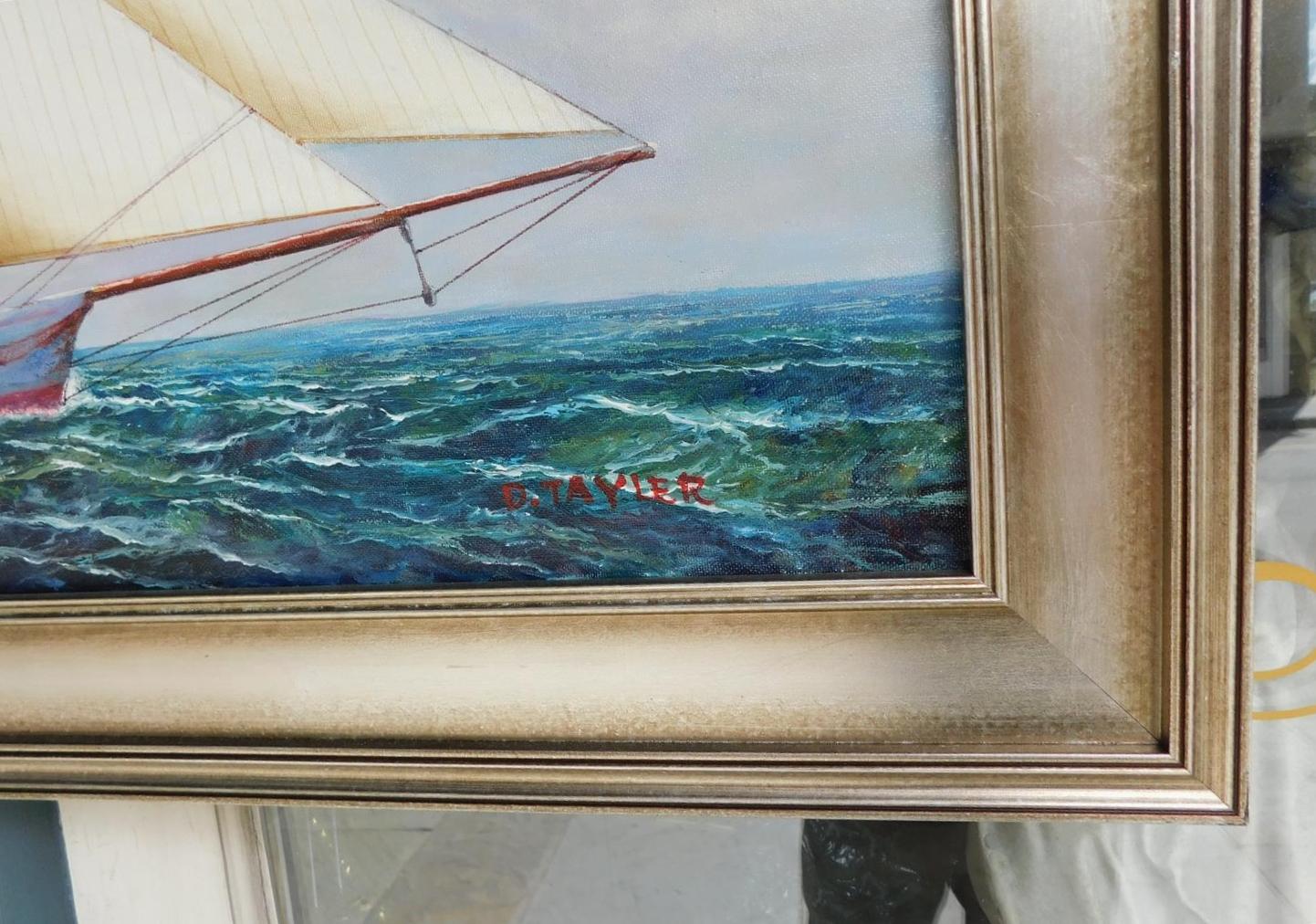 Huile sur toile américaine du 20ème siècle représentant un yacht Schooner à deux mâts et à voile entière en vente 1
