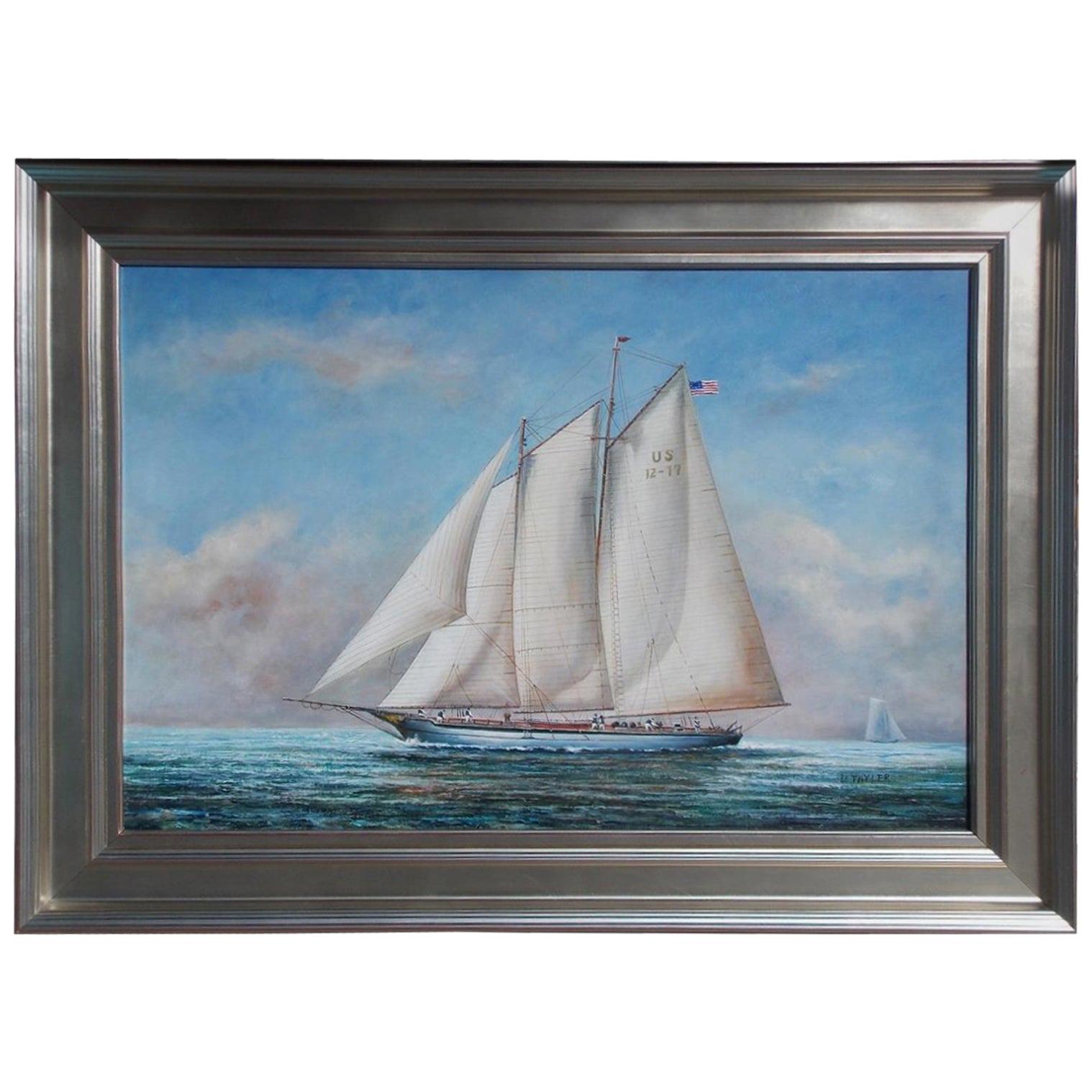 American Oil on Canvas of Two Masted Schooner Yacht Under Full Sail 20th Century