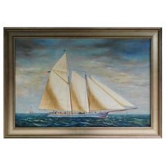 Olio su tela americano di uno yacht a due alberi a vela del XX secolo