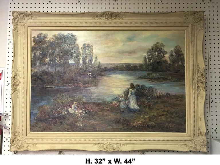 Attractive and fine oil on canvas painting depicting a mother and daughters enjoying the lake.
Signed D Kent.
Second half of the 20th Century. 

Dimensions: 
Overall - H. 32