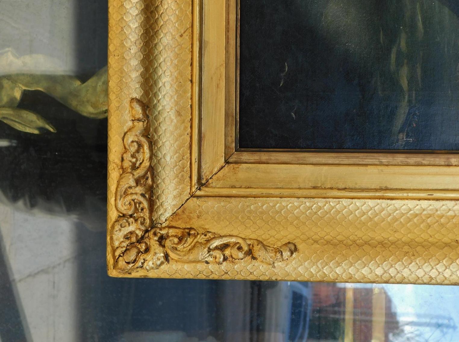 Óleo americano sobre lienzo Capitán de barco con catalejo en orig, marco dorado, c. 1840 en venta 2