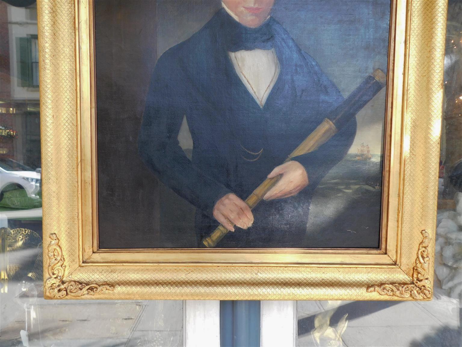 American Empire American Oil on Canvas Ship Captain with Spyglass in Orig, Gilt Frame, C. 1840 For Sale