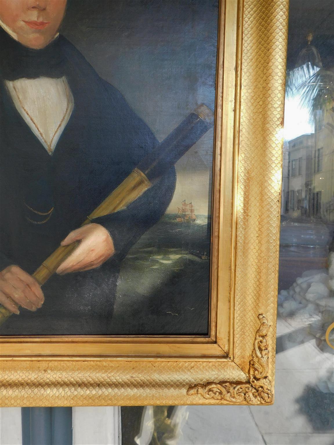 Hand-Painted American Oil on Canvas Ship Captain with Spyglass in Orig, Gilt Frame, C. 1840 For Sale
