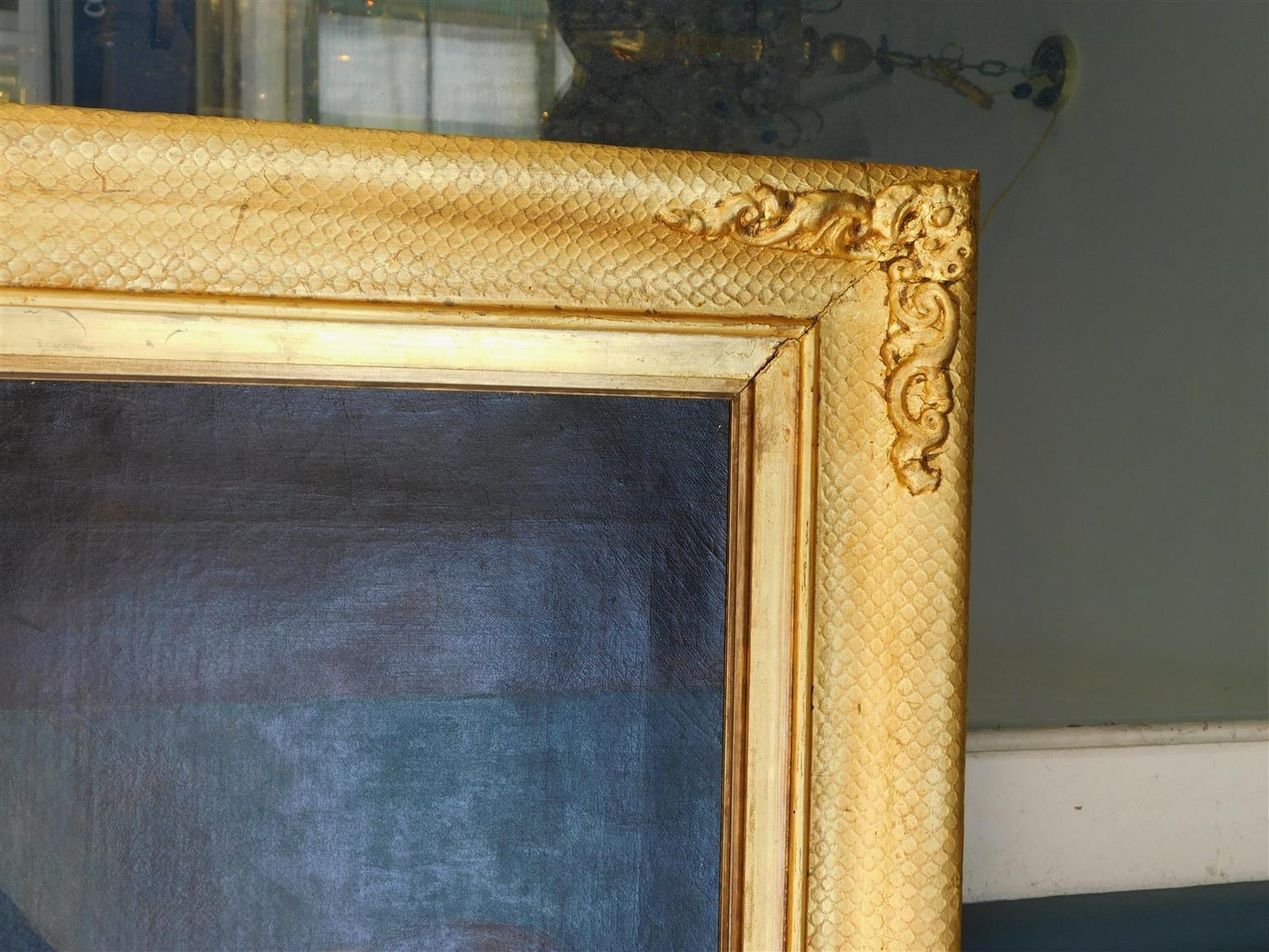 Mid-19th Century American Oil on Canvas Ship Captain with Spyglass in Orig, Gilt Frame, C. 1840 For Sale