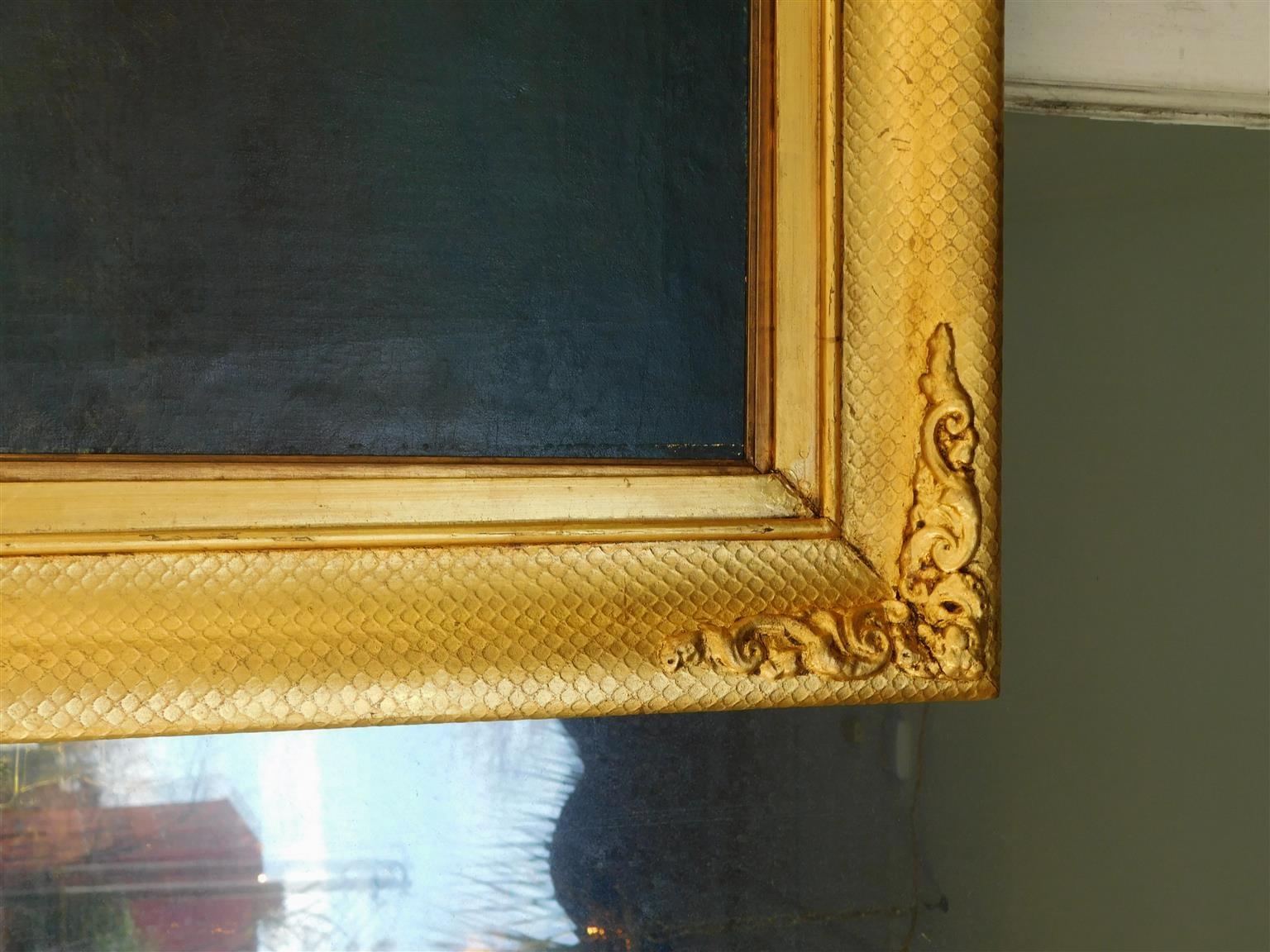 Paint American Oil on Canvas Ship Captain with Spyglass in Orig, Gilt Frame, C. 1840 For Sale