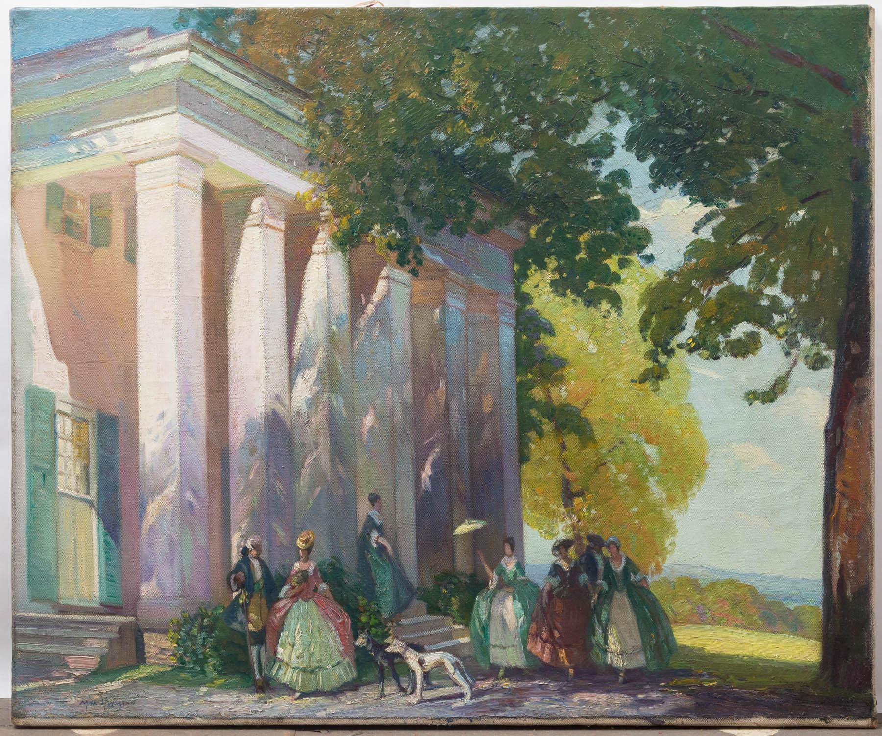 Seven figures, dressed in period anti-bellum period costume, with 2 dogs, all standing infront of a columned facade. In the impressionist manner.
Signed lower left, but indecipherable. max ???mann
old repair to canvas, visible on back.