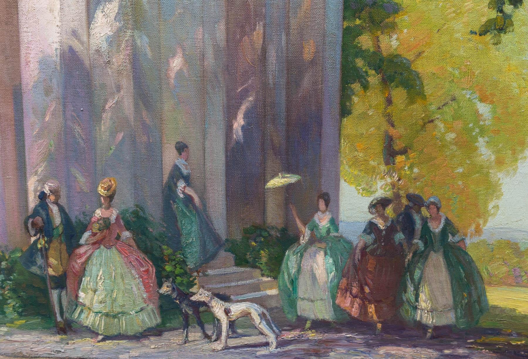 Hand-Painted American Oil on Canvas, Signed, of an Anti-Bellum Mansion with Figures For Sale