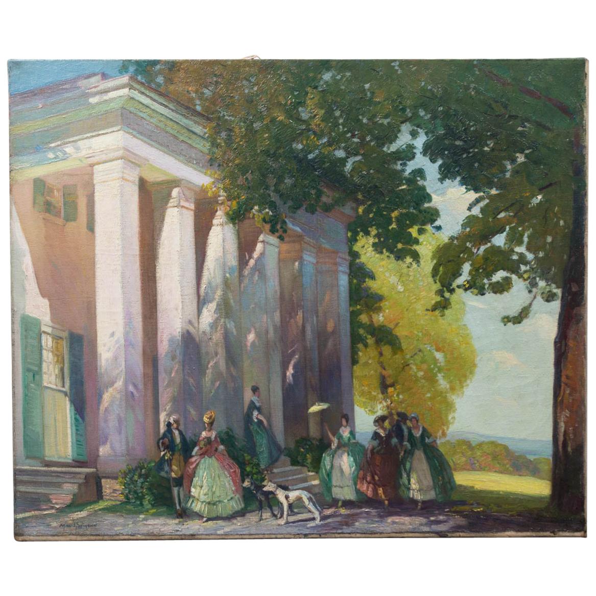 American Oil on Canvas, Signed, of an Anti-Bellum Mansion with Figures For Sale