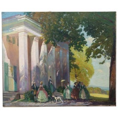 Antique American Oil on Canvas, Signed, of an Anti-Bellum Mansion with Figures