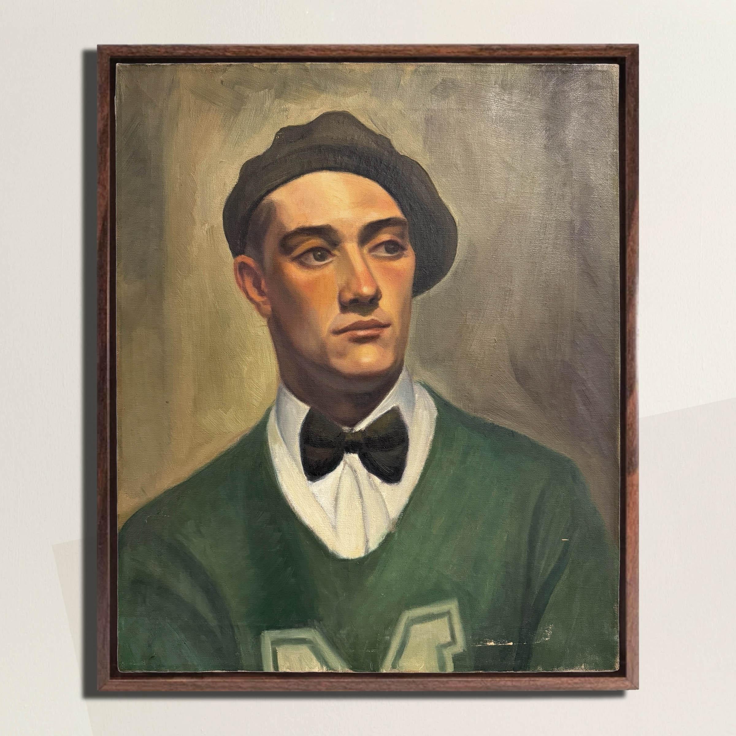 A captivating 1950s American oil-on-linen portrait, a stunning portrayal of a young male student poised at the threshold of his academic journey. Clad in a distinguished green Michigan State University sweater adorned with the iconic green and white