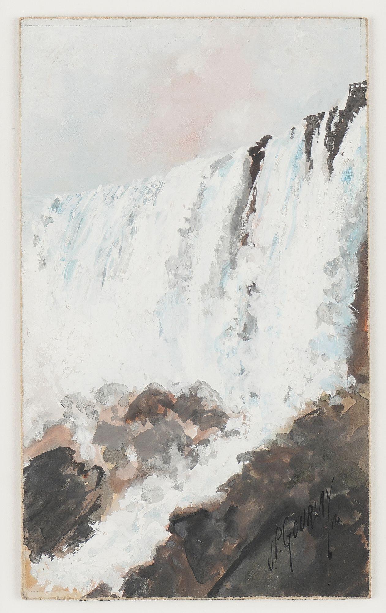 Oil on board study of a waterfall, likely Niagara Falls. The work has been float mounted in a deep bevel archival mat, under glass, and framed in a black lacquered molding.

American, 1912.

Dimensions: 16-3/4