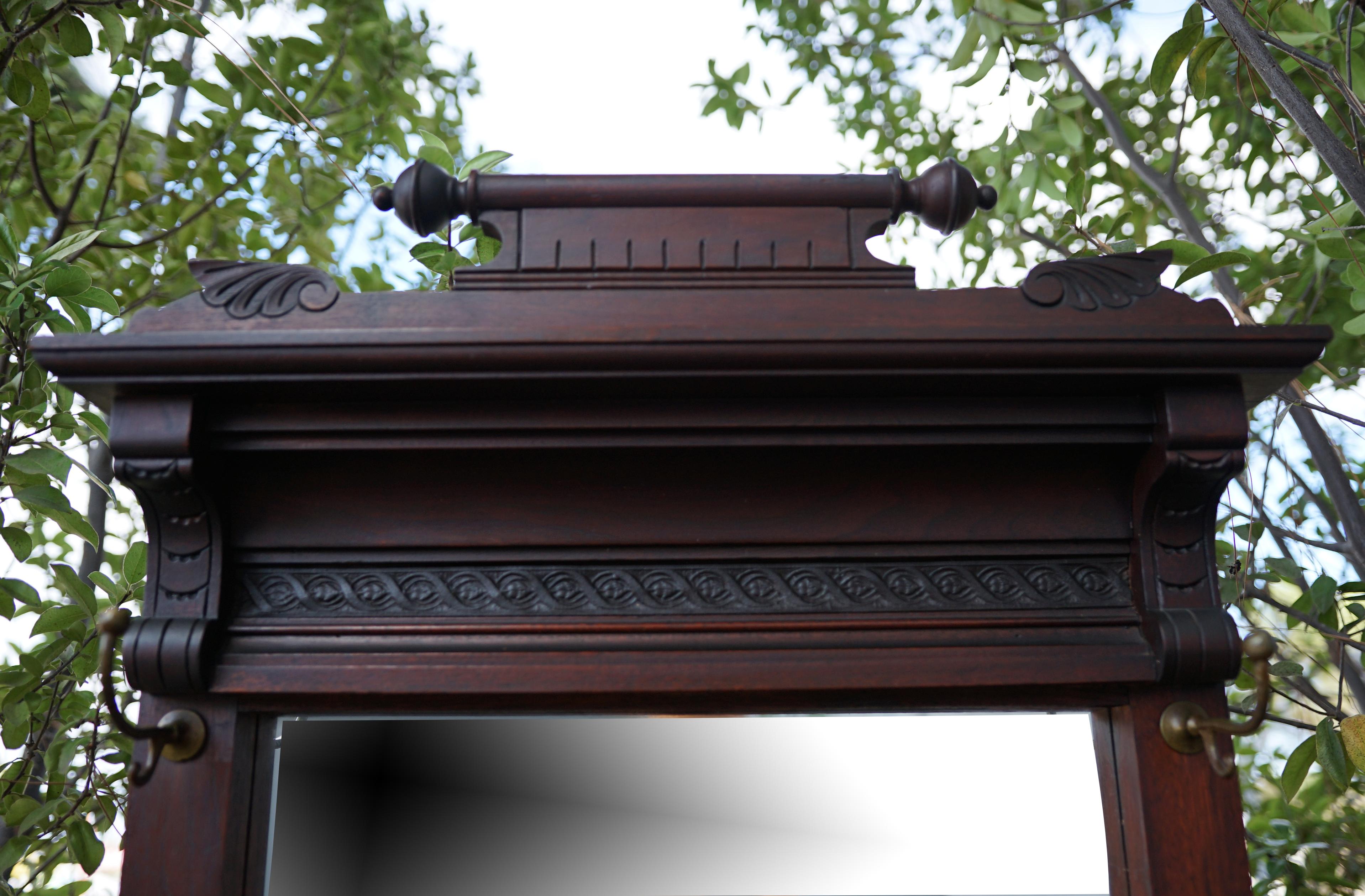 Carved American or English Antique Aesthetic Movement Mahogany Hall Tree, Coat Stand For Sale