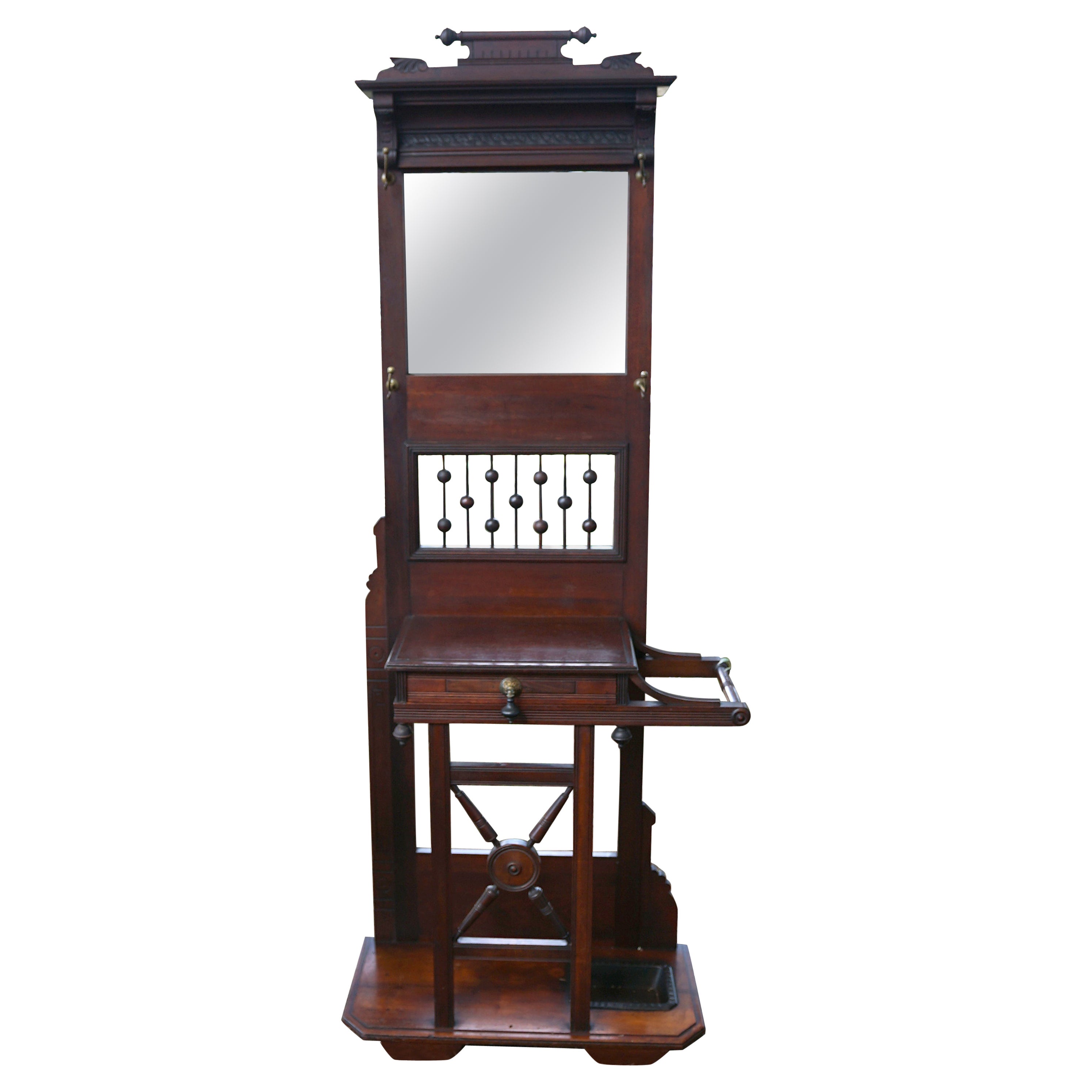 American or English Antique Aesthetic Movement Mahogany Hall Tree, Coat Stand