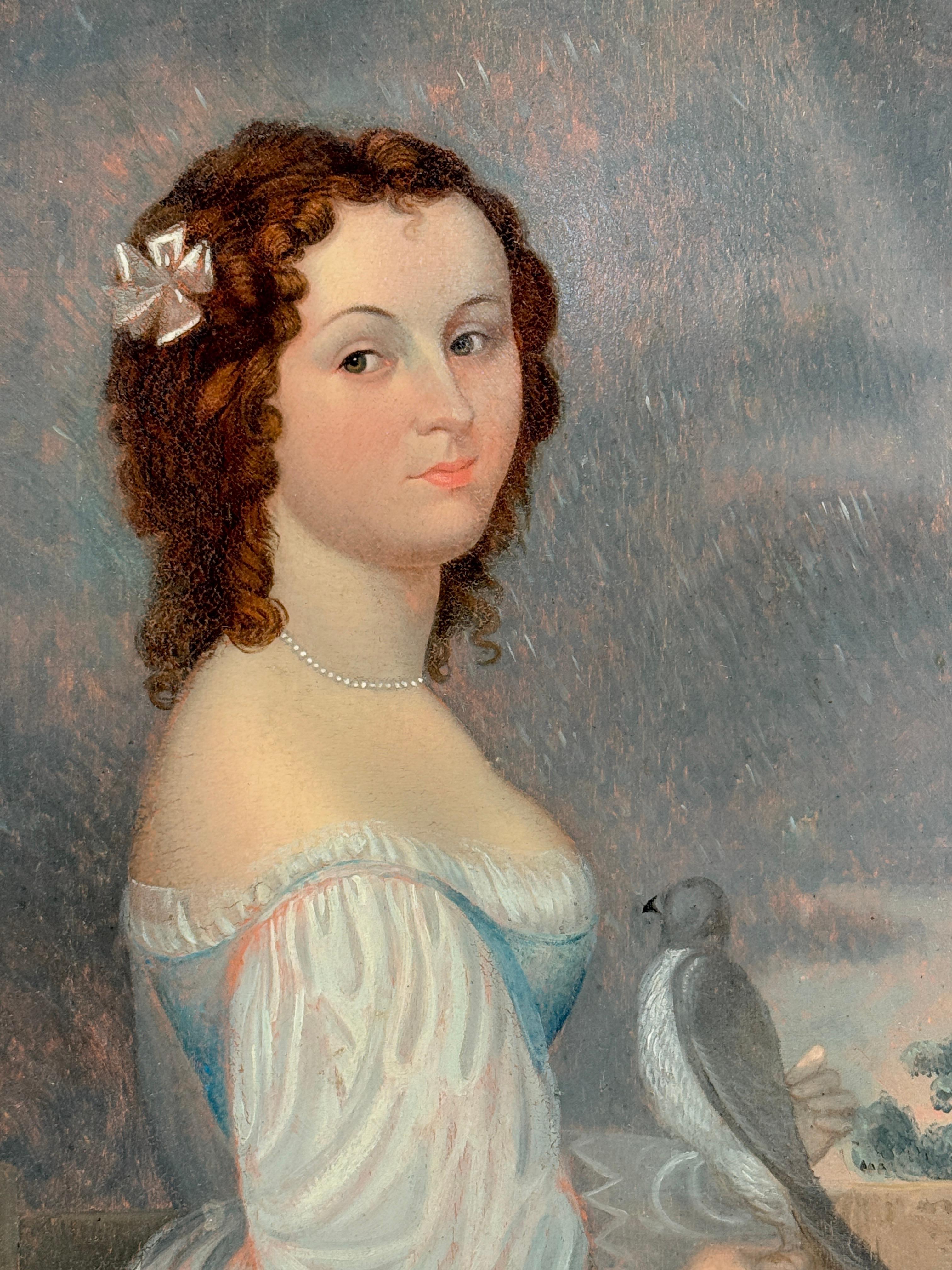 American or French Folk Art, Portrait of a Lady with a Dove, Early 19th Century In Good Condition For Sale In Atlanta, GA