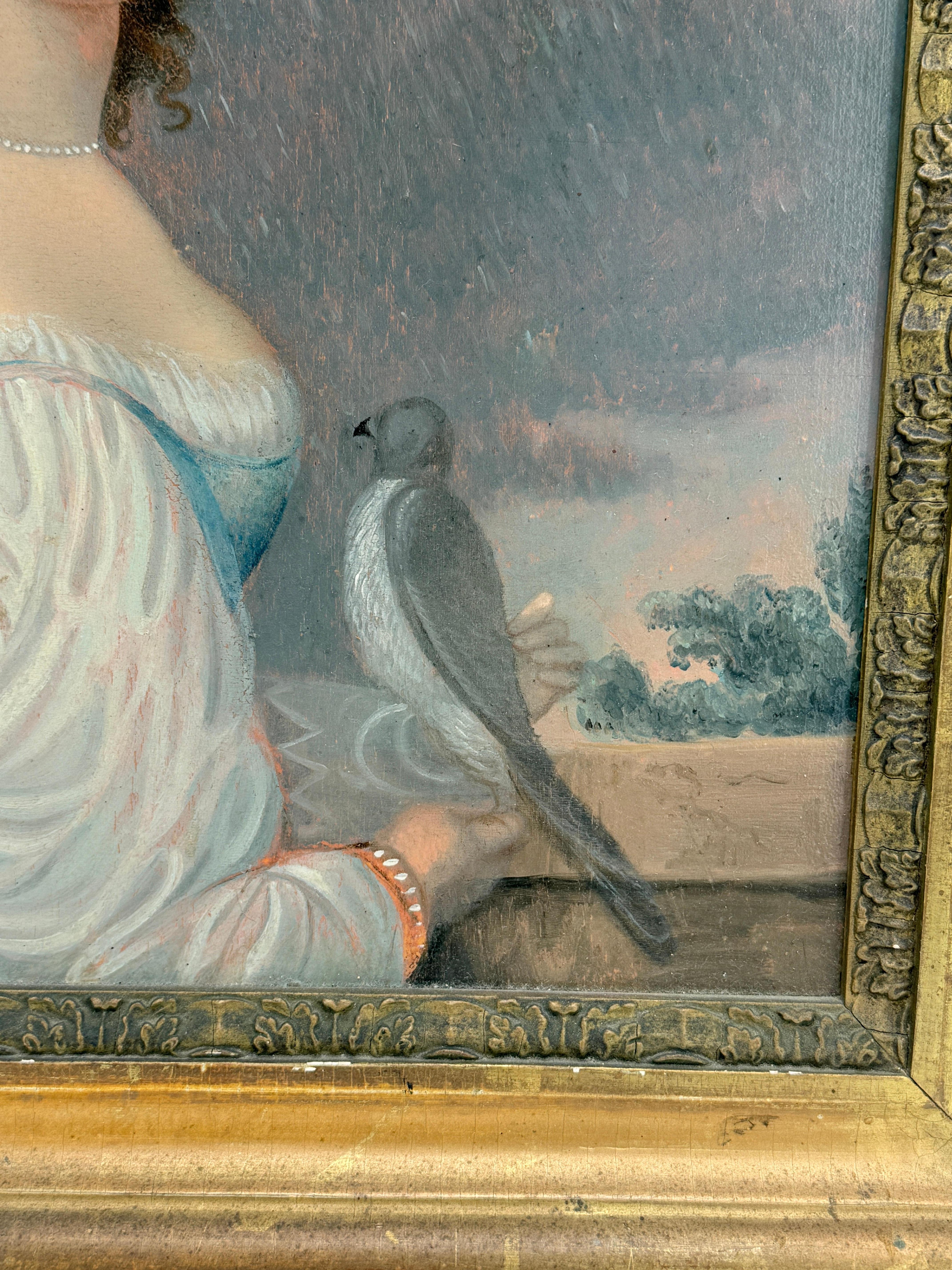 Giltwood American or French Folk Art, Portrait of a Lady with a Dove, Early 19th Century For Sale