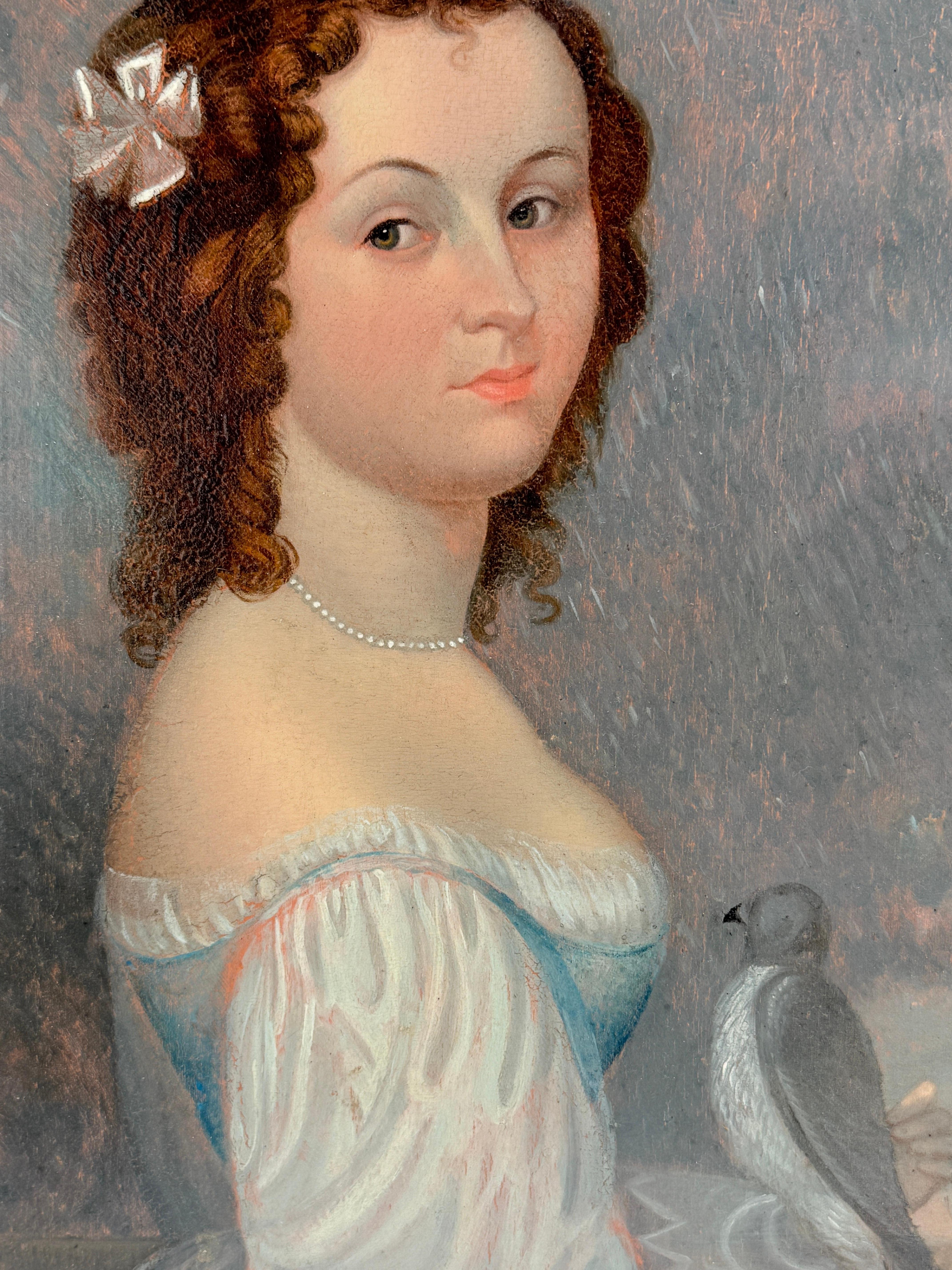 American or French Folk Art, Portrait of a Lady with a Dove, Early 19th Century For Sale 2